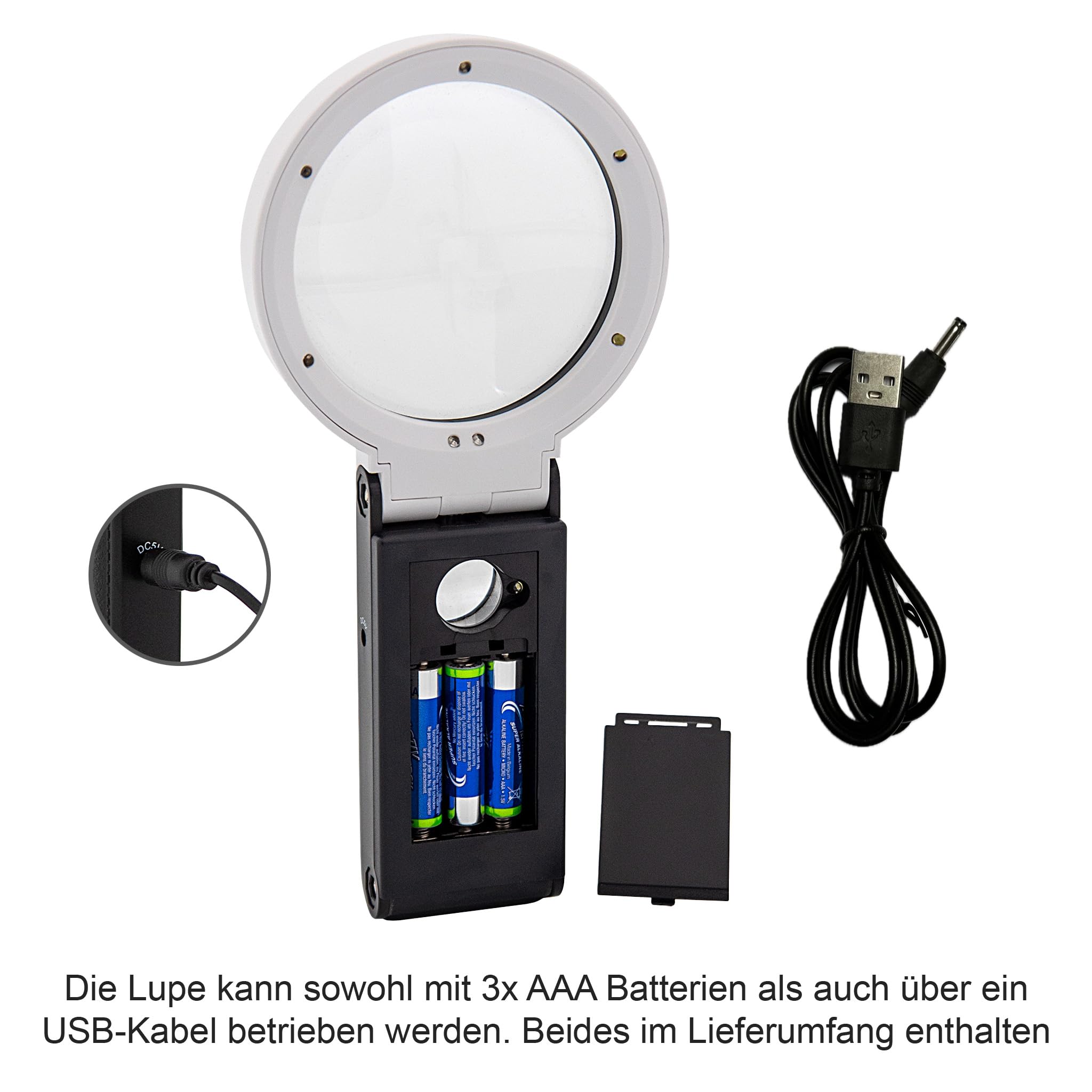 Lente D'Ingrandimento A LED WEDO Con Base Pieghevole - 2.5x E 10x, Luce UV E USB/Batteria, Nero - Foto 8