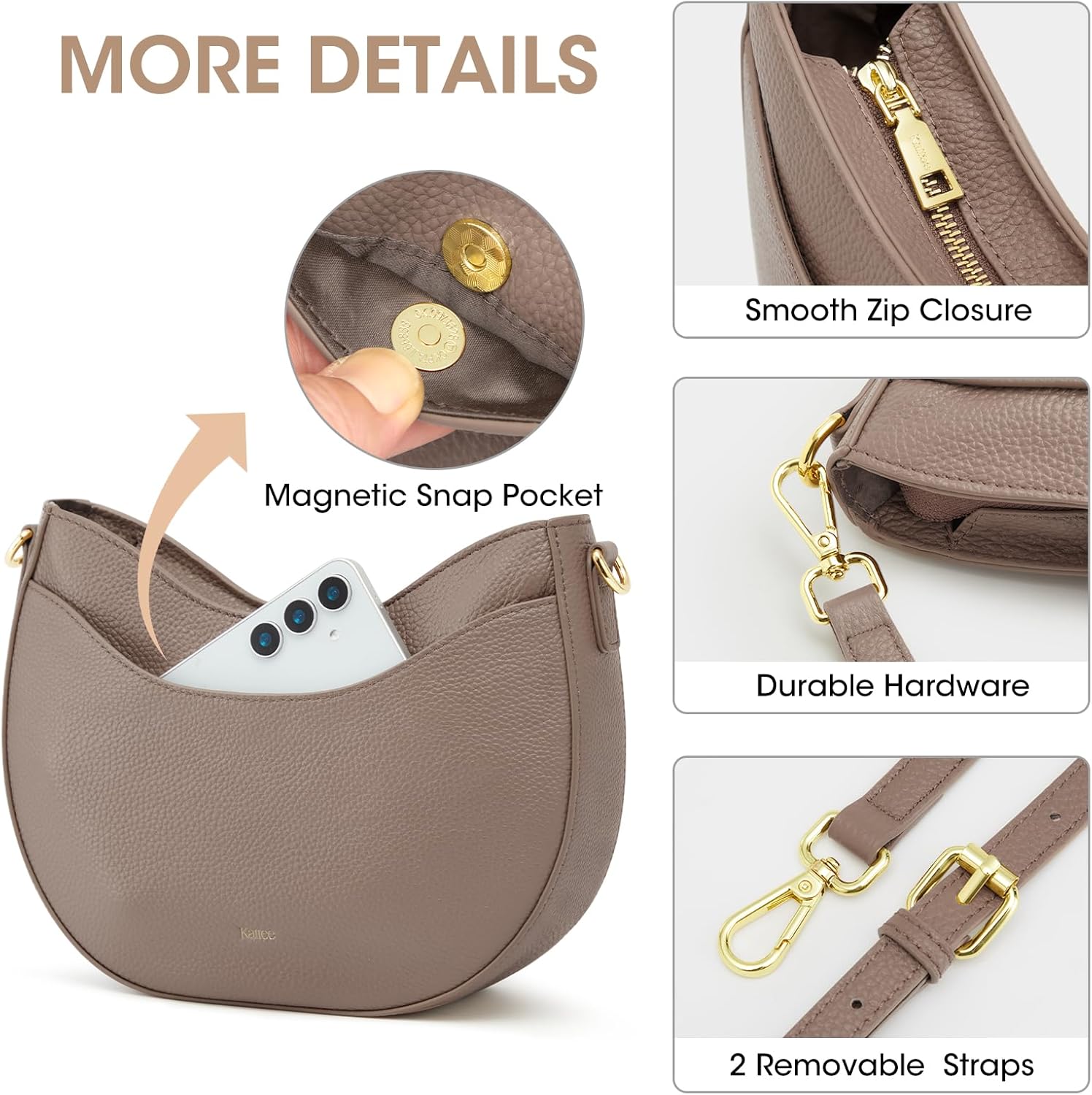 Kattee Leather Crossbody Bags for Women, Small Purses and Handbags, Soft Hobo Shoulder Satchel with Zipper Closure - Image 5