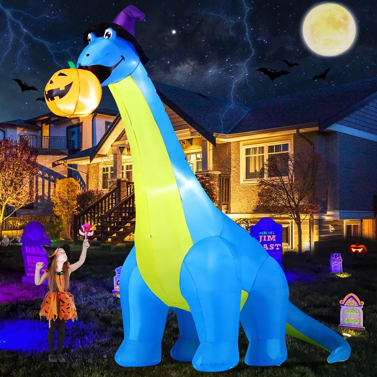 COMIN Halloween Inflatables Outdoor Decorations 10 FT Tall Dinosaurs Eating Pumpkin Blow Up Yard Decoration with Built-in LED for Yard Garden Party Lawn