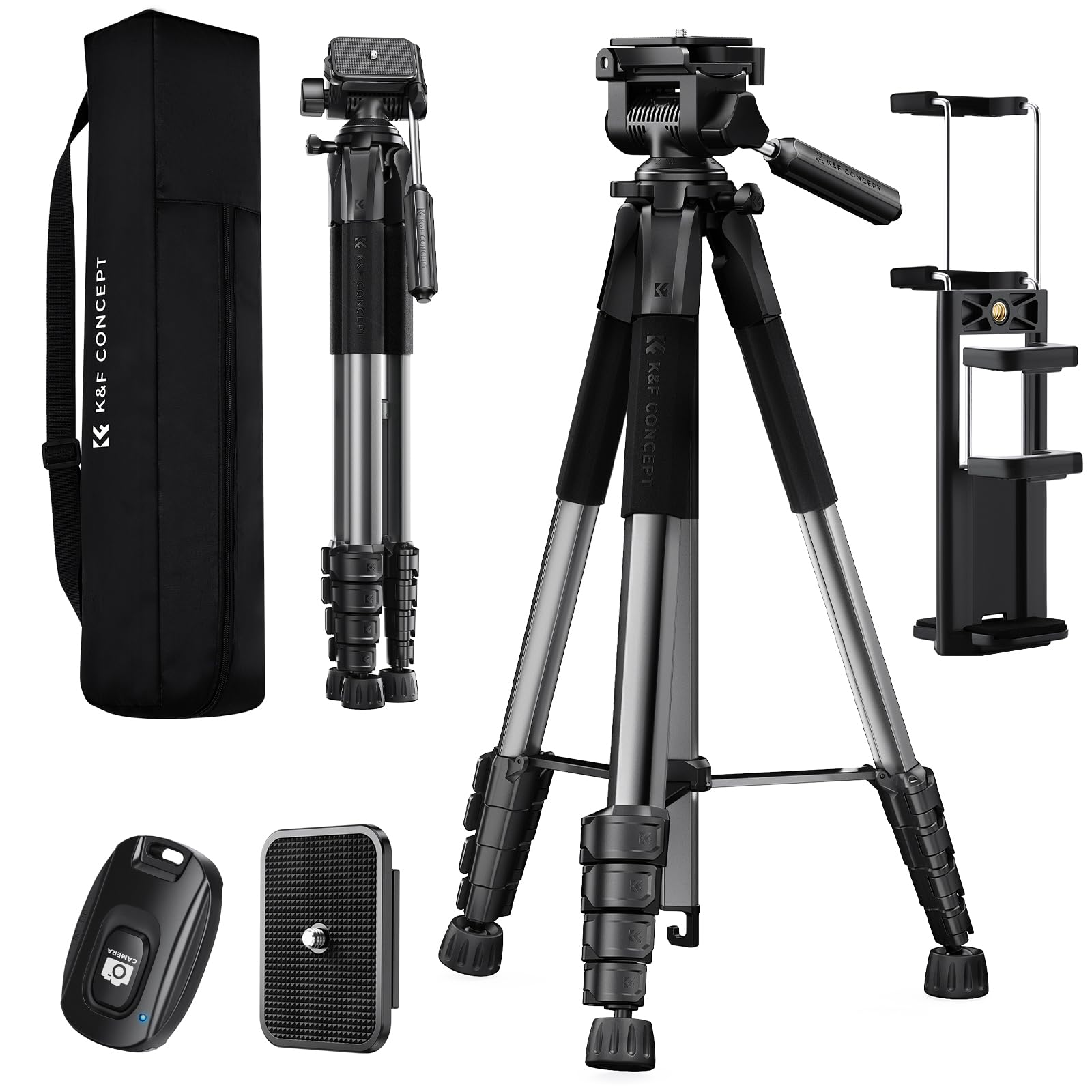 K&F CONCEPT Camera Tripod, 75" Lightweight Portable Travel Outdoor DSLR Tripods for Camera Phone Video Recording Tripod Stand, Cellphone Clip for iPhone Live Streaming Vlog