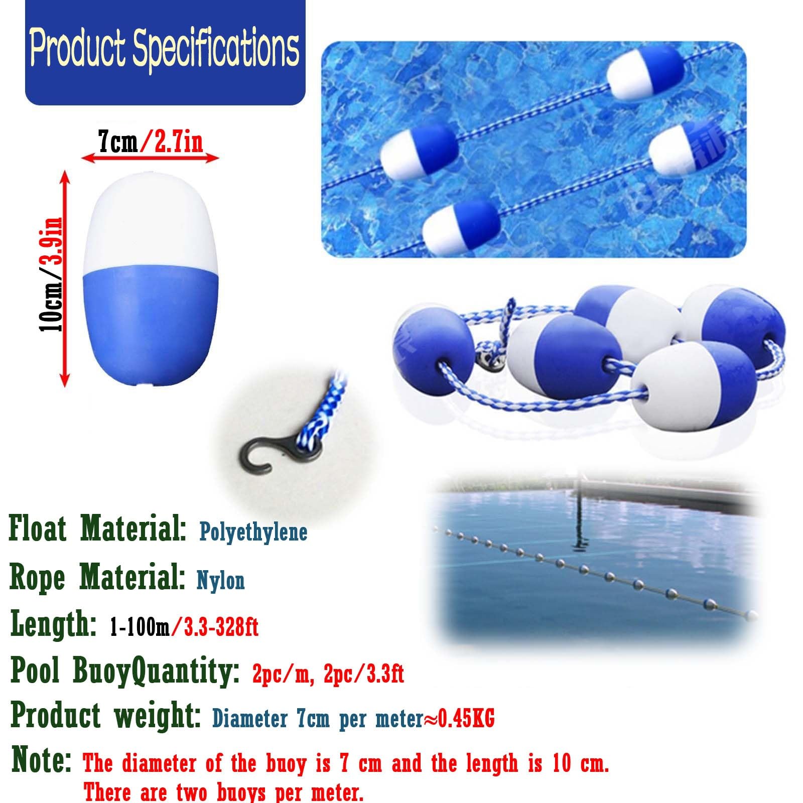 Générique séparateur sécurité pour Piscine Ligne de flottaison de Piscine à Longueur réglable, marqueur de Couloir de Piscine pour baignade creusée, Partie Peu Profonde/Profonde(L 7m/23.0')