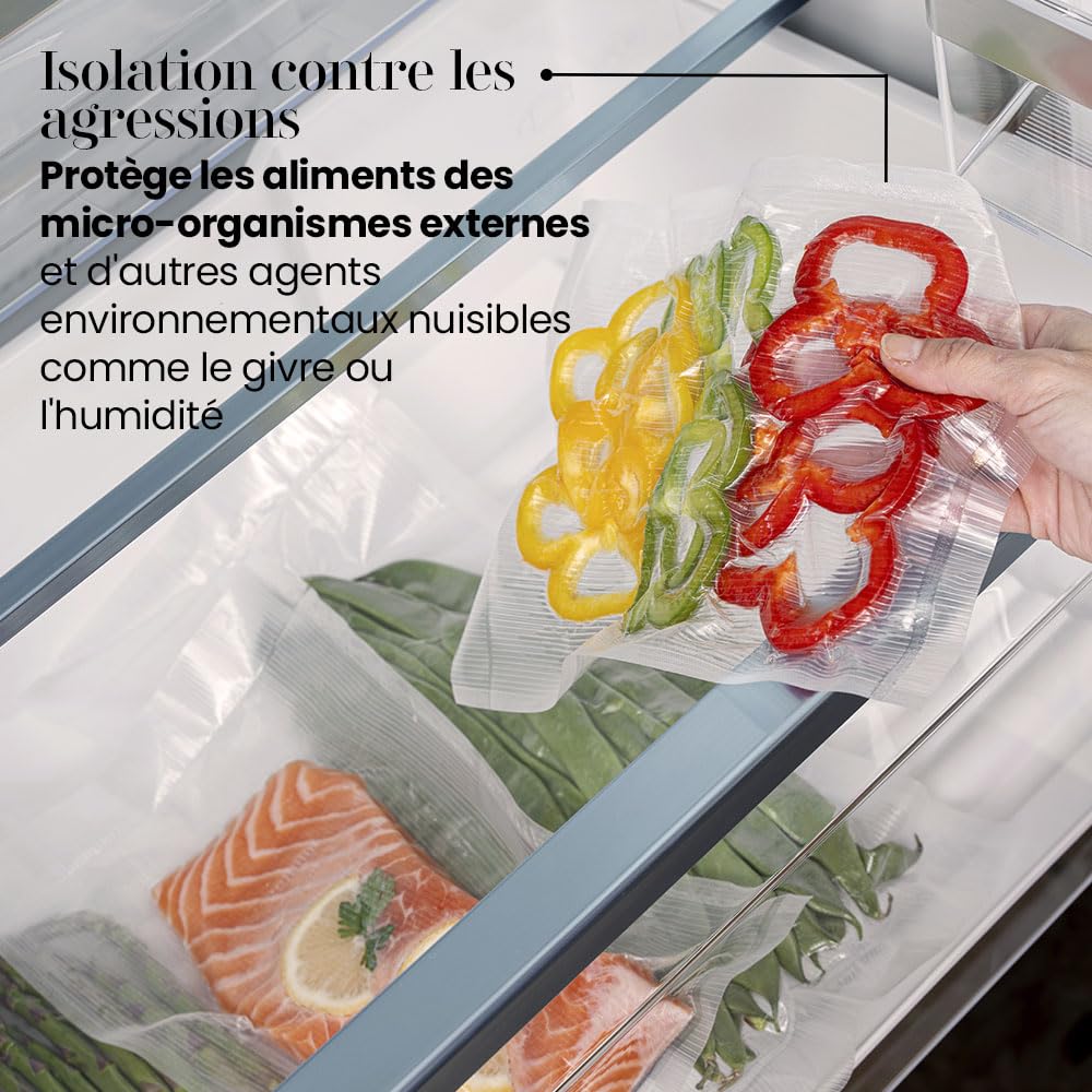 Lot de 100 sacs sous vide alimentaire avec technologie Line + | Nouvelle formule, système rayé, multicouche, sans BPA, fabrication espagnole 30 x 50 cm