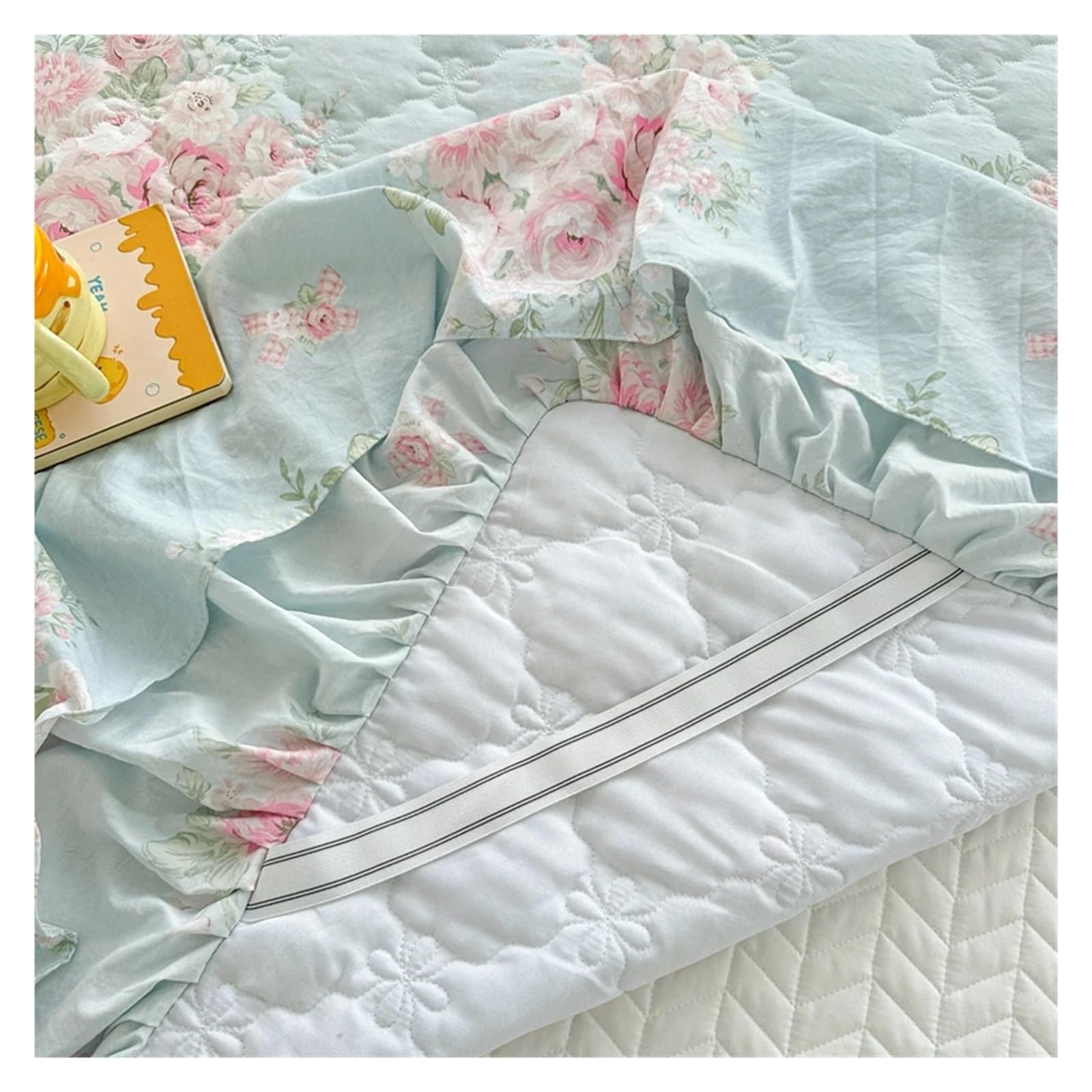 Falda de Cama Falda de Cama Acolchada algodón Lavado, Funda colchón Flores Frescas, decoración del Dormitorio hogar, Colcha 150x200, 1 ud para la decoración de la Cama(7,Only 2pc Pillowcase)