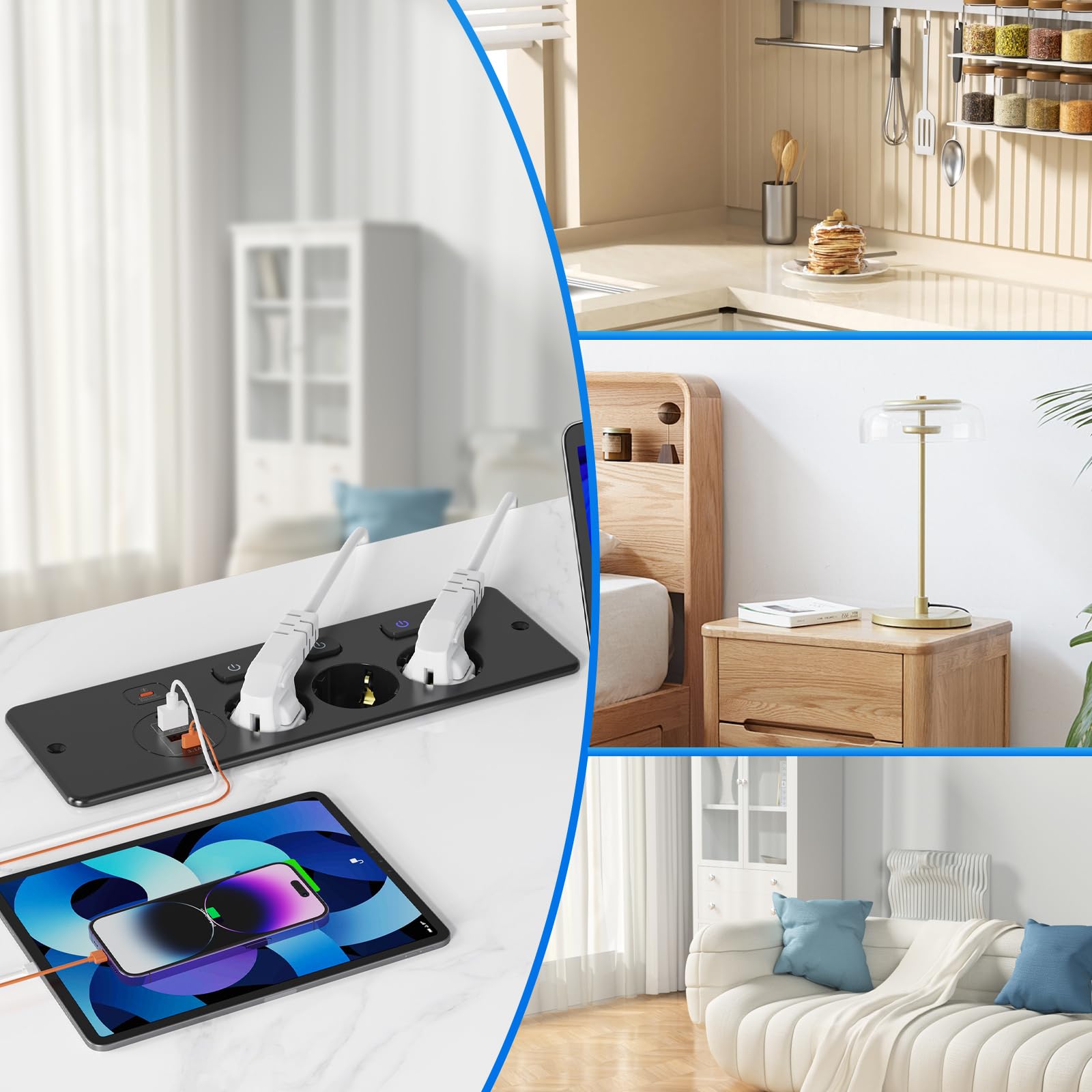 Presa da incasso USB, 3 presse da tavolo con interruttori singoli, ciabatta 2m, USB-C, presa per tavolo cucina, nero