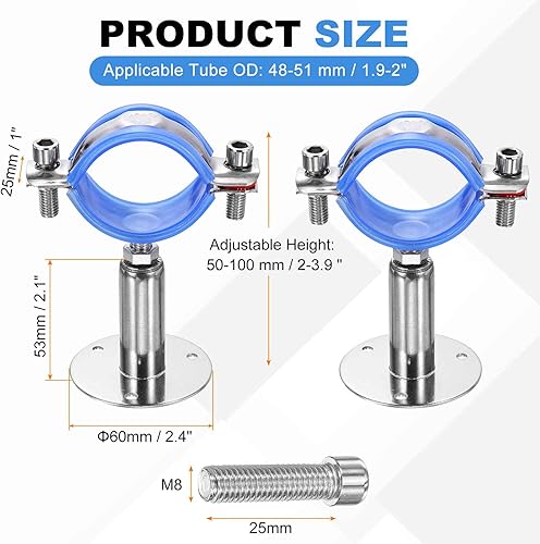 Miniatura 2 de HARFINGTON 2 Set Wall Mount Ceiling Mount Pipe Supports 304 Stainless Steel Adjustable Pipe Bracket Clamp with Screws for OD Pipe 1.9"-2" (48-51mm)