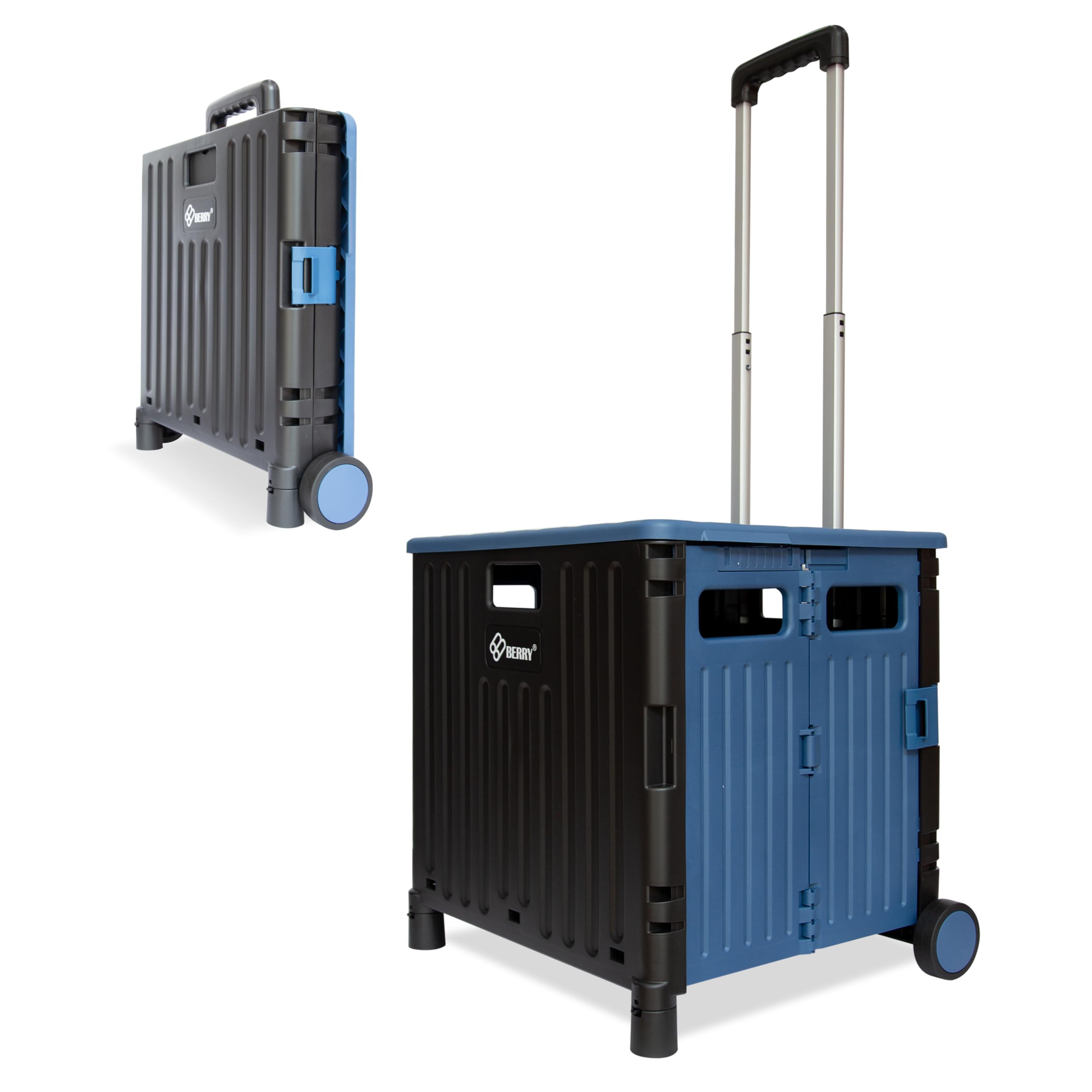 Berry 50L Foldable Shopping Trolley - Blue & Black | 40kg Plastic Cart with Lid | 2 Wheel Portable Utility Trolley with Telescopic Handle for Shopping, Teachers & Laundry
