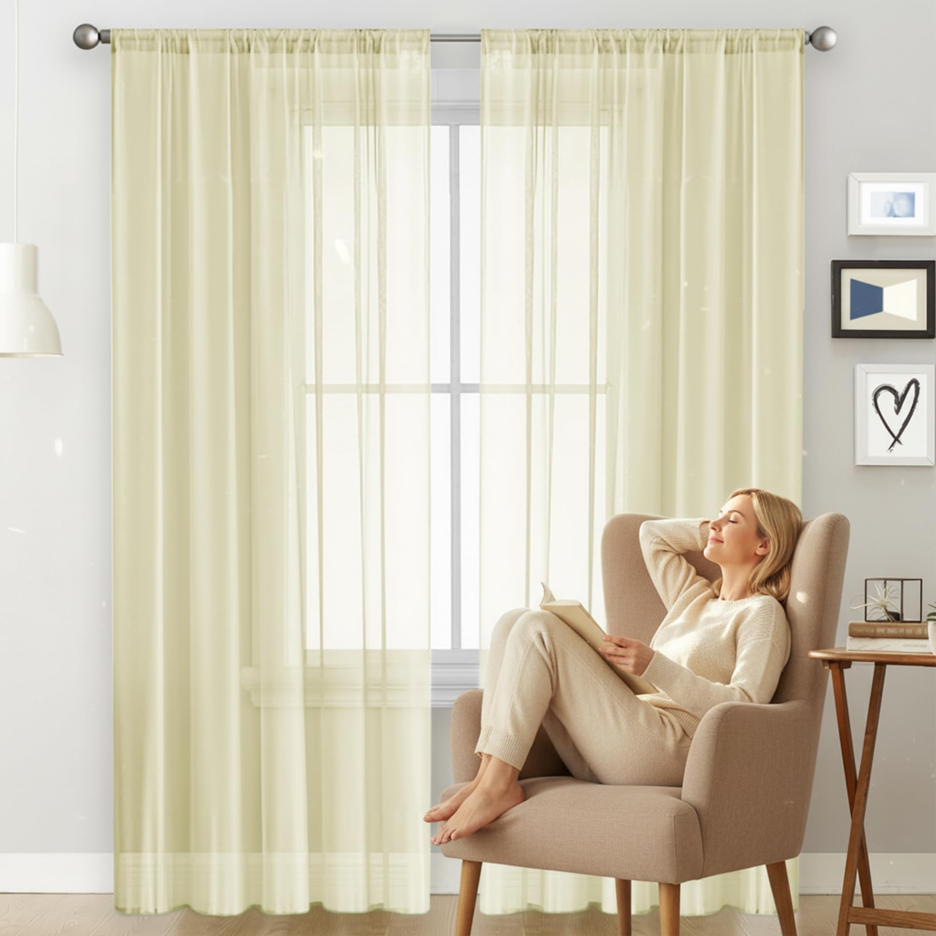 AMZYU Sheer Curtains for Bedroom 130 x 210 cm Light Filtering Net Curtain for Windows Airy & Lightweight Elegant, Machine Washable for Bedroom and Kitchen, Beige