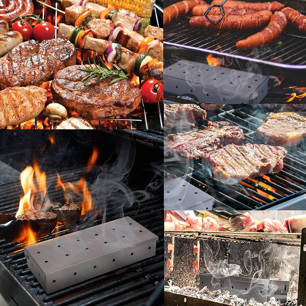 Scatola per Fumatori, Scatola per Fumatori per Barbecue per griglia a Carbone Scatola per Fumatori di Carne Accessori per Barbecue, Scatola per Fumo in Acciaio Inossidabile - Nastro(Senza Chip)