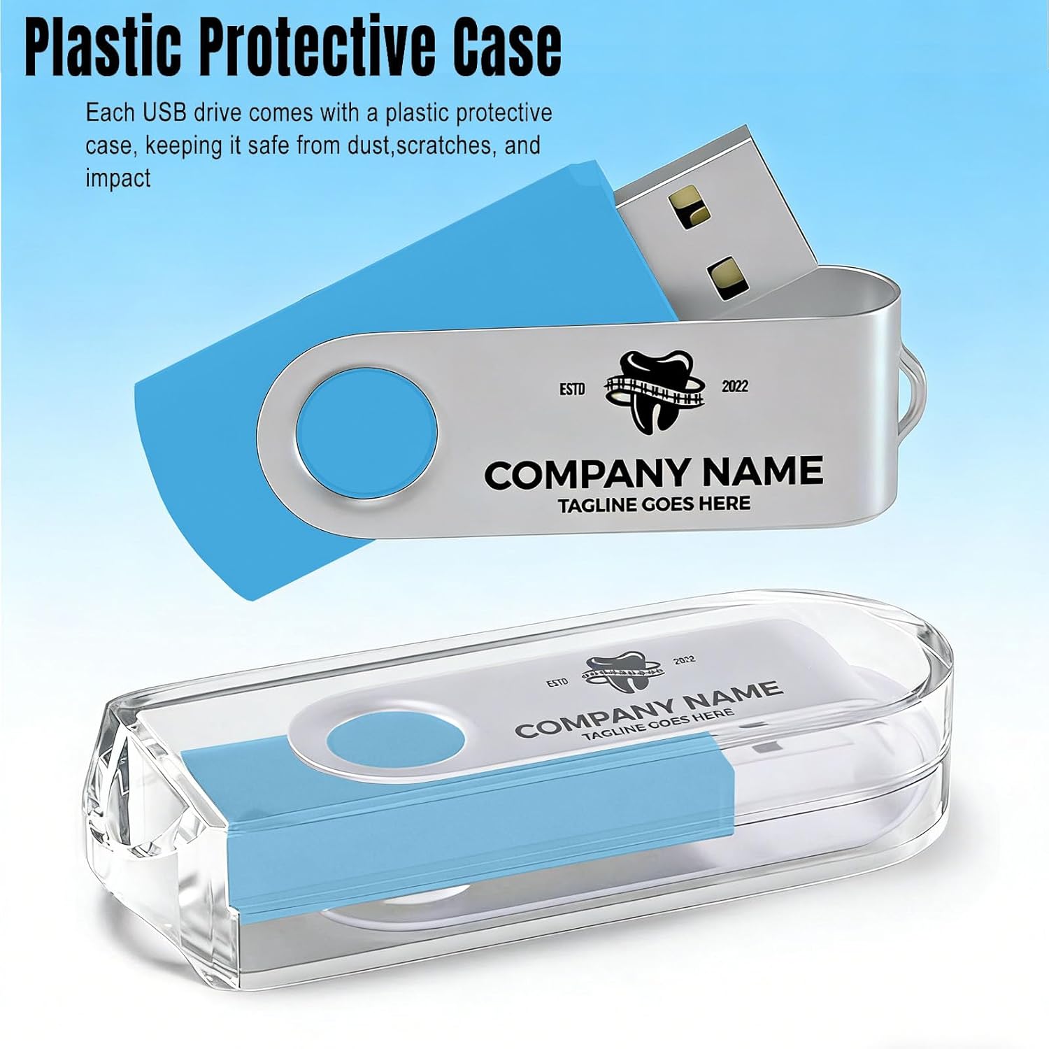 10 Pack 8GB Custom USB Flash Drives USB 2.0 with Case, Personalized Thumb Drives with Logo/Text/Image, Sky Blue Bulk Customized Memory Sticks for Wedding, Business, Corporate Gifts