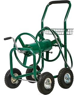FDW Garden Hose Reel Cart, Water Hose Cart with 4 Wheels, Hold Up to 300 ft of 5/8’’ Hose，Heavy Duty Powder-Coated Steel Planting with Storage Basket, for Garden, Yard and Lawn