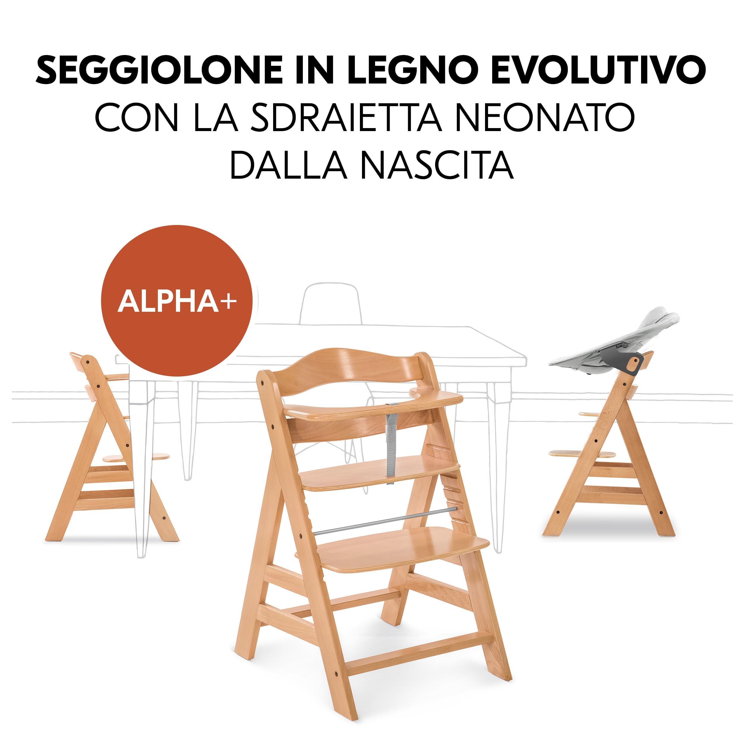 hauck Seggiolone Pappa Evolutivo Alpha Plus Newborn Set Premium, dalla Nascita, con Sdraietta Neonati 2in1 Regolabile e Dondolo, Cintura a 5 Punti e Cuscino in Cotone (Bouncer Light Grey, Naturale)