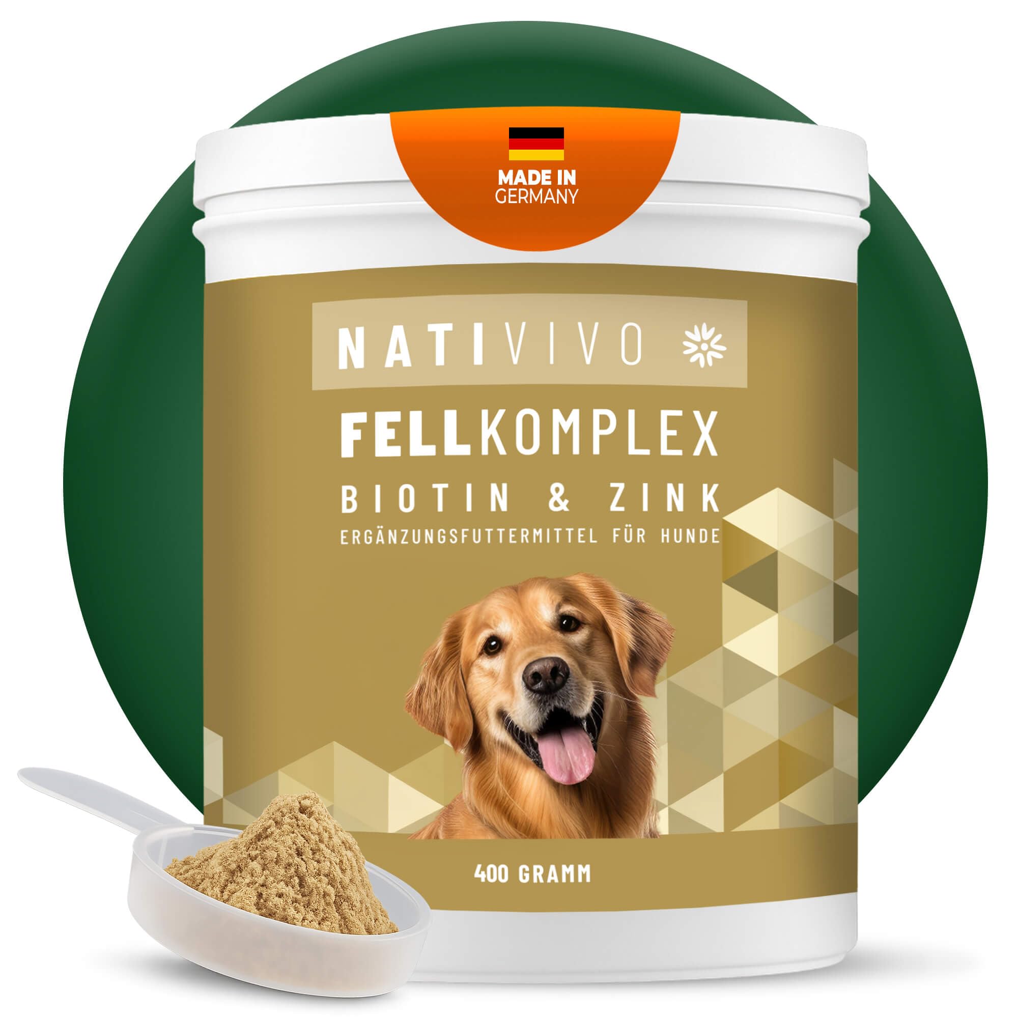 NATIVIVO Fellpflege Hund - Juckreiz Hund Fellpflege - Fellkomplex Biotin & Zink - Unterstützend bei Juckreiz - Biotin für Hunde Glänzendes Fell Pulver 400 Gramm Nahrungsergänzungsmittel für Hunde