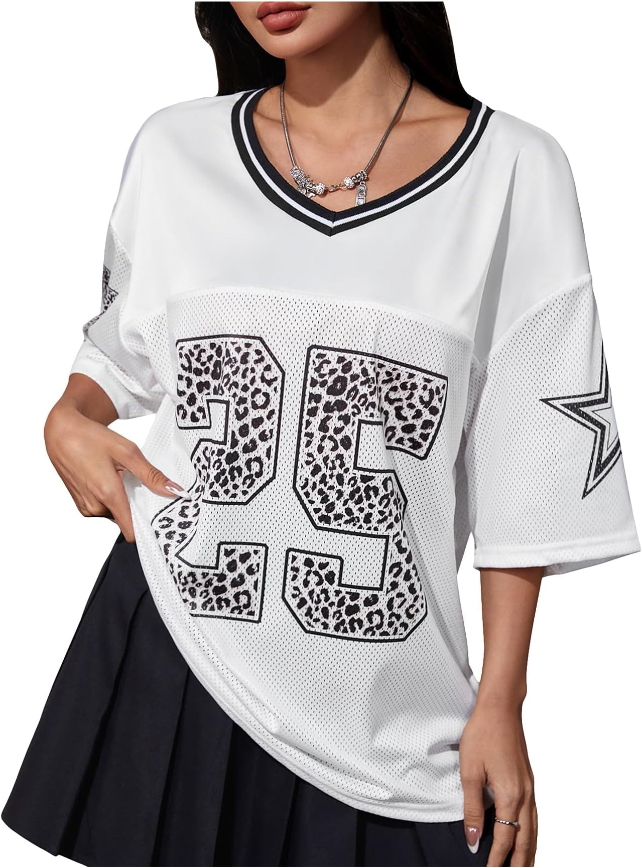 SOLY HUX Jersey Shirts for Women Y2k Graphic Number Oversized Tees V Neck Half Sleeve Cute Soccer Streetwear T Shirt Tops