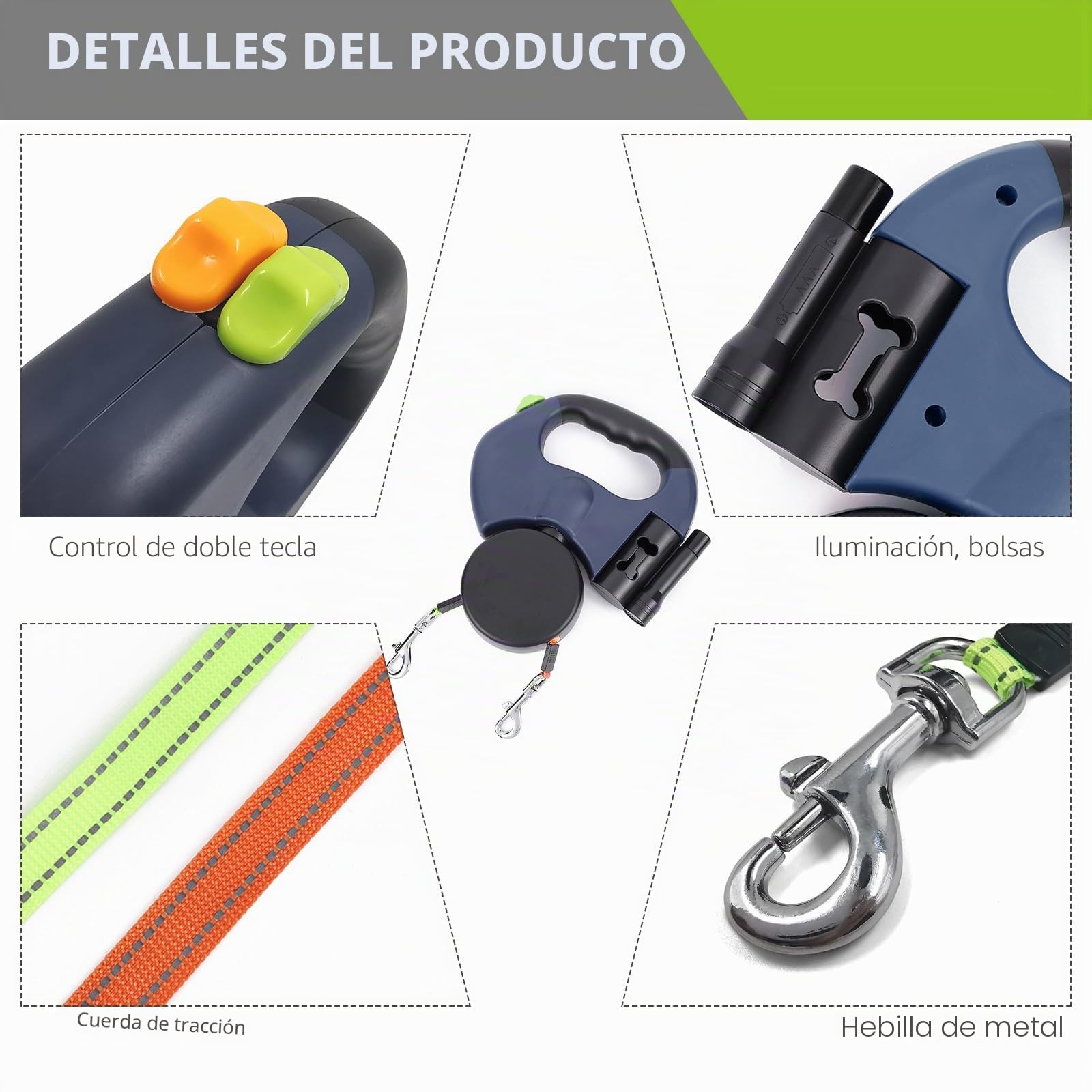Correa Perro Extensible, Correas Flexi 3M Correa Doble Retráctil para Perro, Correa Extensible Perro Pequeño, con Linterna LED, Asa Ergonómica de Goma, para Perro Grande Mediano y Pequeño, hasta 30KG