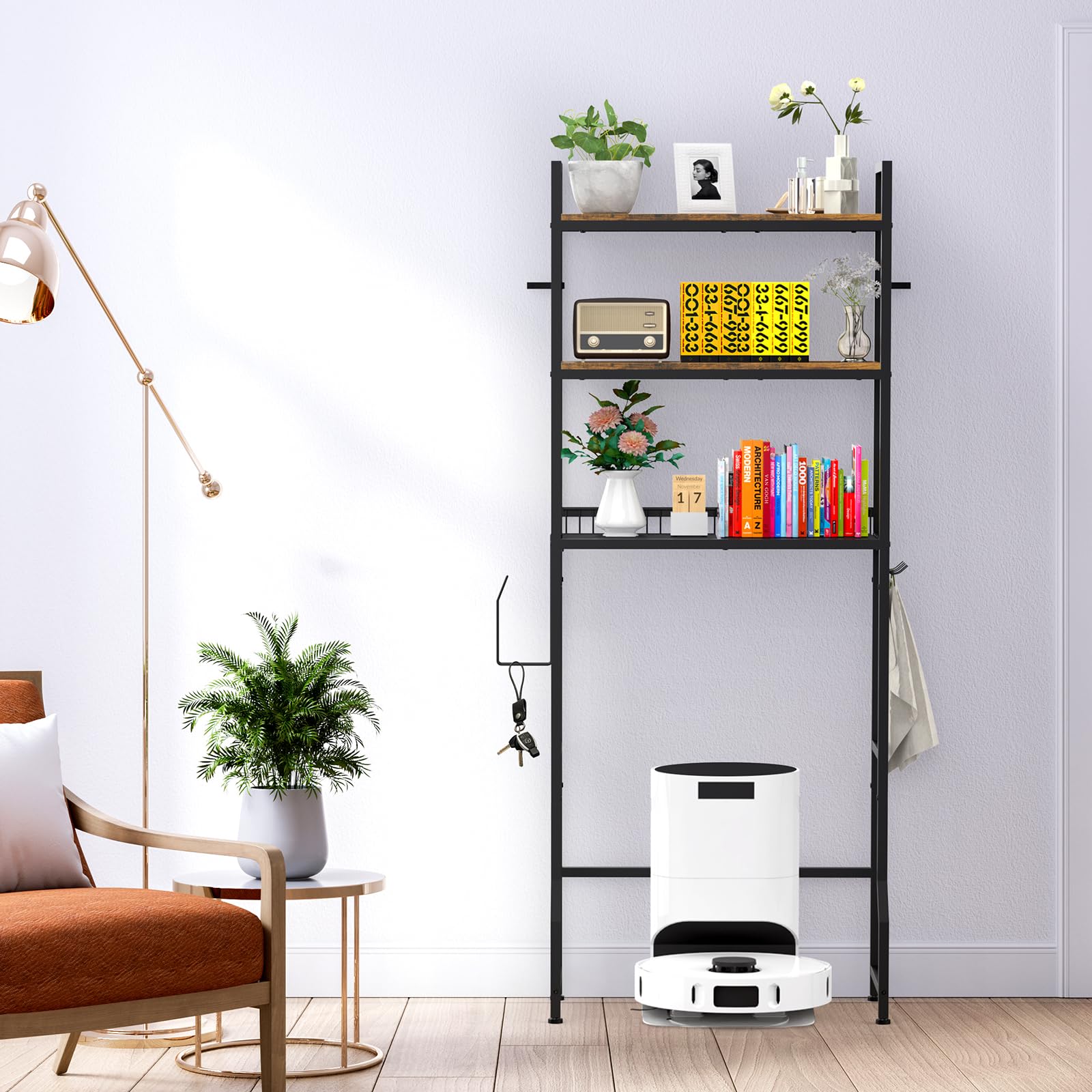 CADUKE Toilettenregal, Waschmaschinenregal Toiletten-Überbau mit Aufbewahrungskorb, 3 Ebenen Ablage über Waschmaschine für Badezimmer und Waschküche mit 4 Haken und Papierhalter, Braun