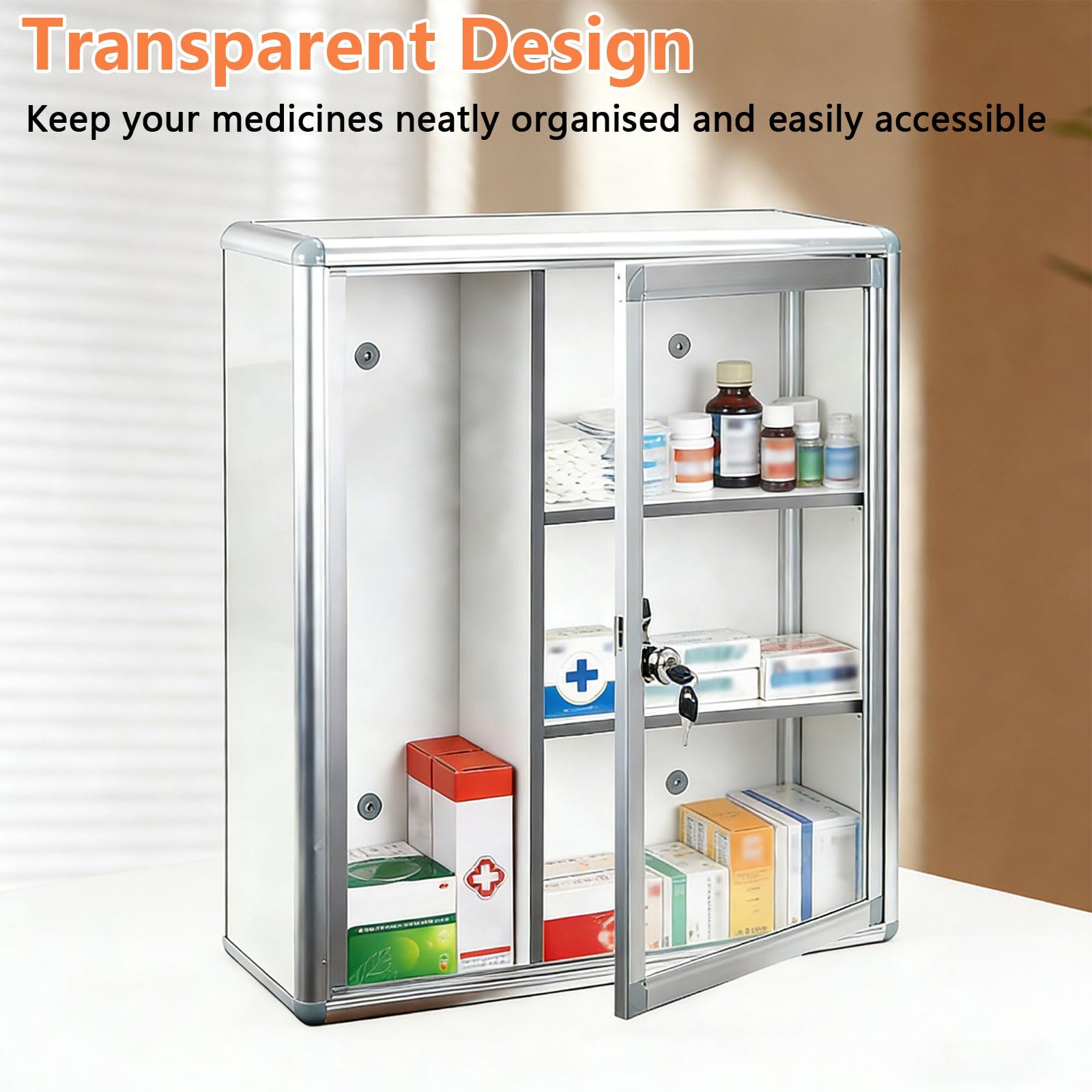 Armoire à pharmacie avec serrure à clé - Boîte à pharmacie murale verrouillable avec 4 compartiments - Boîte de rangement verrouillable avec porte transparente - Grande capacité - Armoire de premiers