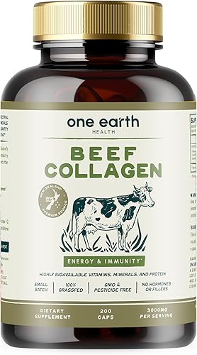 One Earth Health Colágeno de carne de res alimentada con pasto, suplemento de colágeno natural de origen neozelandés (tipos I, II, III, V y X) 3,000
