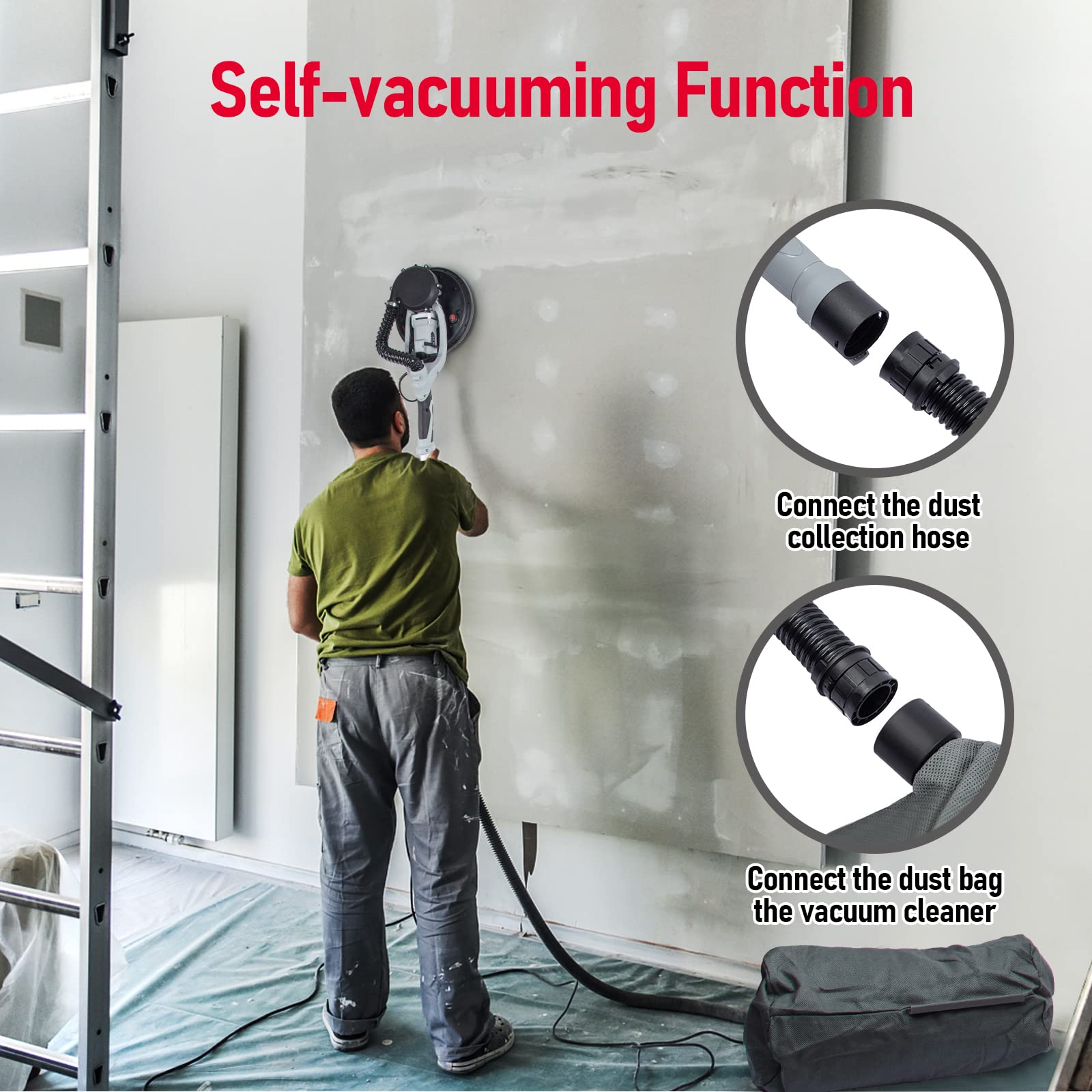KUIMIT 850W Drywall Sander – 6-Speed 800-1750 RPM, Foldable With Extendable Handle, LED Light, 12 Sanding Discs, Dust Hose & Storage Bag