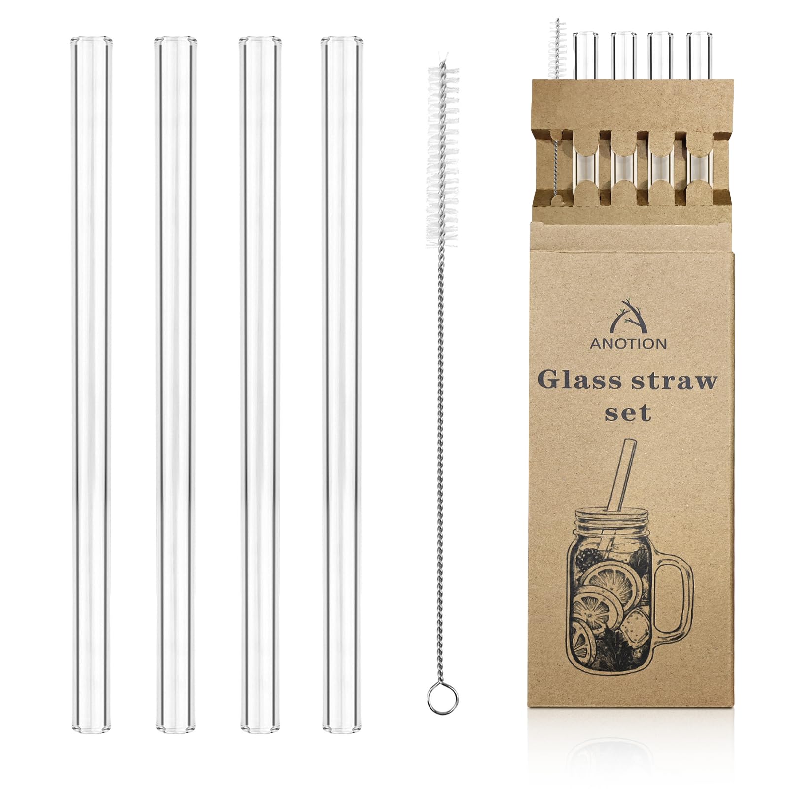 ANOTION Reusable Glass Straws 4-Pack, 9.8"x0.47" with Cleaning Brush, Clear Long Straws for Tumblers, Replacement Drinking Straws
