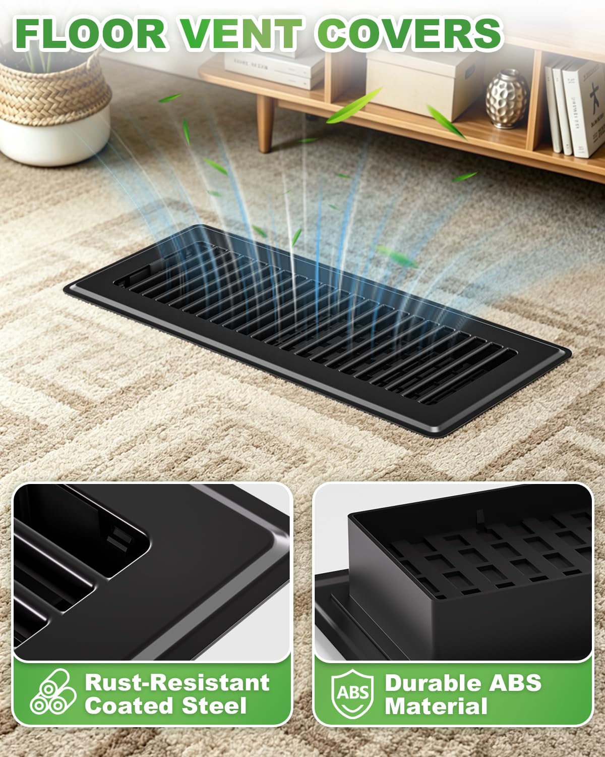 Lot de 4 grilles d'aération noires pour sol de la maison, en métal enduit de pulvérisation antirouille avec levier de commande réglable, idéal pour les systèmes CVC, les aérations de sol du salon et