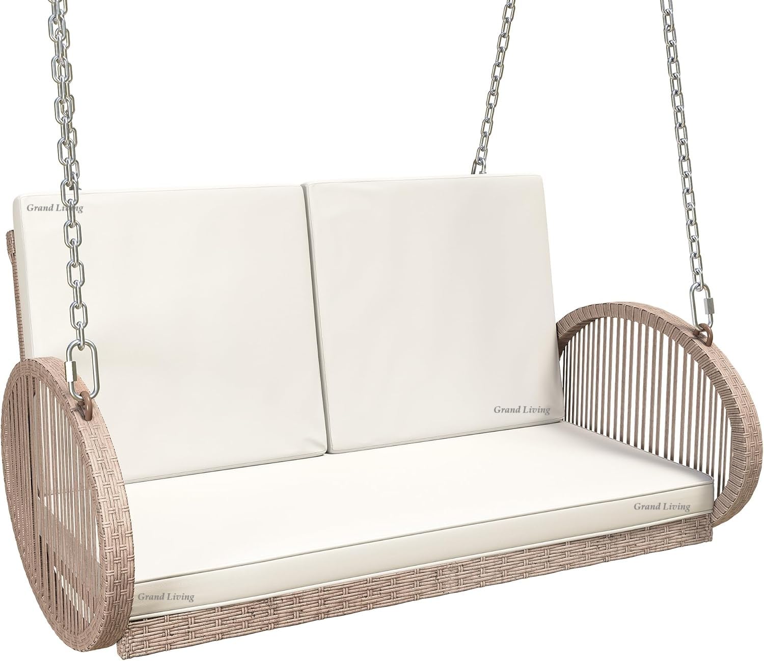 Grand Living Outdoor Hanging Porch Swing 2-Seater Patio Rattan Wicker with Cushion, Comfortable Back Front Porch for Garden Balcony and Backyard (Cream & Beige)-image-36