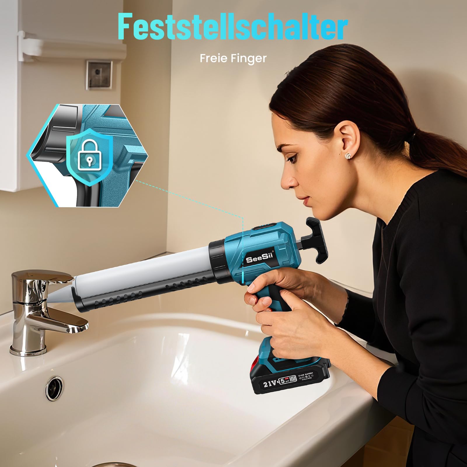 SEESII Akku-Kartuschenpresse Kompatibel mit Makita 18V, Akku-Kartuschenpistole mit 2000mAh, 4 Geschwindigkeiten, Elektrische Silikonpistole, Akku-Silikonpistole für 300ml-Kartuschen (300ml)