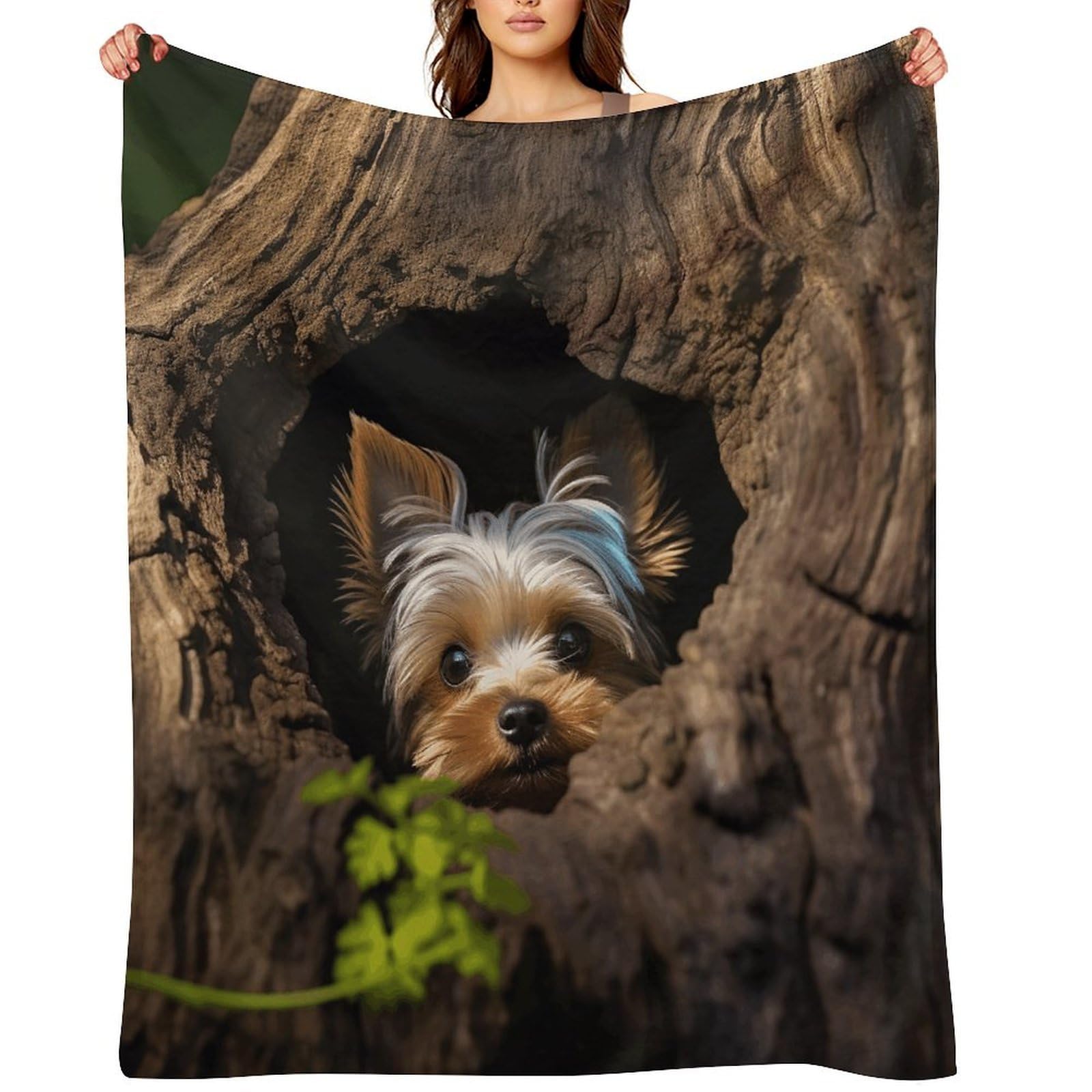 A Little Yorkshire Terrier Nestled in A Tree Hole Throw Blanket for Couch and Bed Super Soft Warm Lightweight Throw Blankets Cozy Fuzzy Flannel Blanket Personalized Decorative Blankets for Sofa Decor