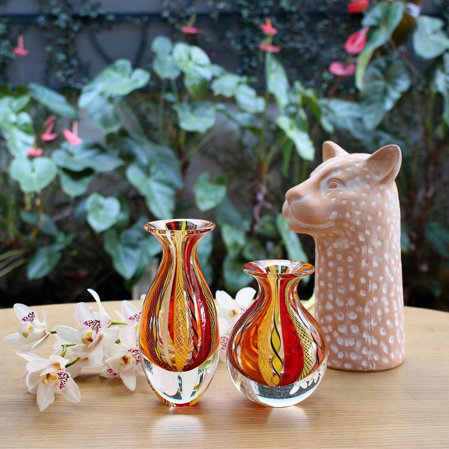 Ca D Oro Small Glass Vase Boho with Red/Yellow Canes Hand Blown Murano-Style Art Glass - Model Nº 2