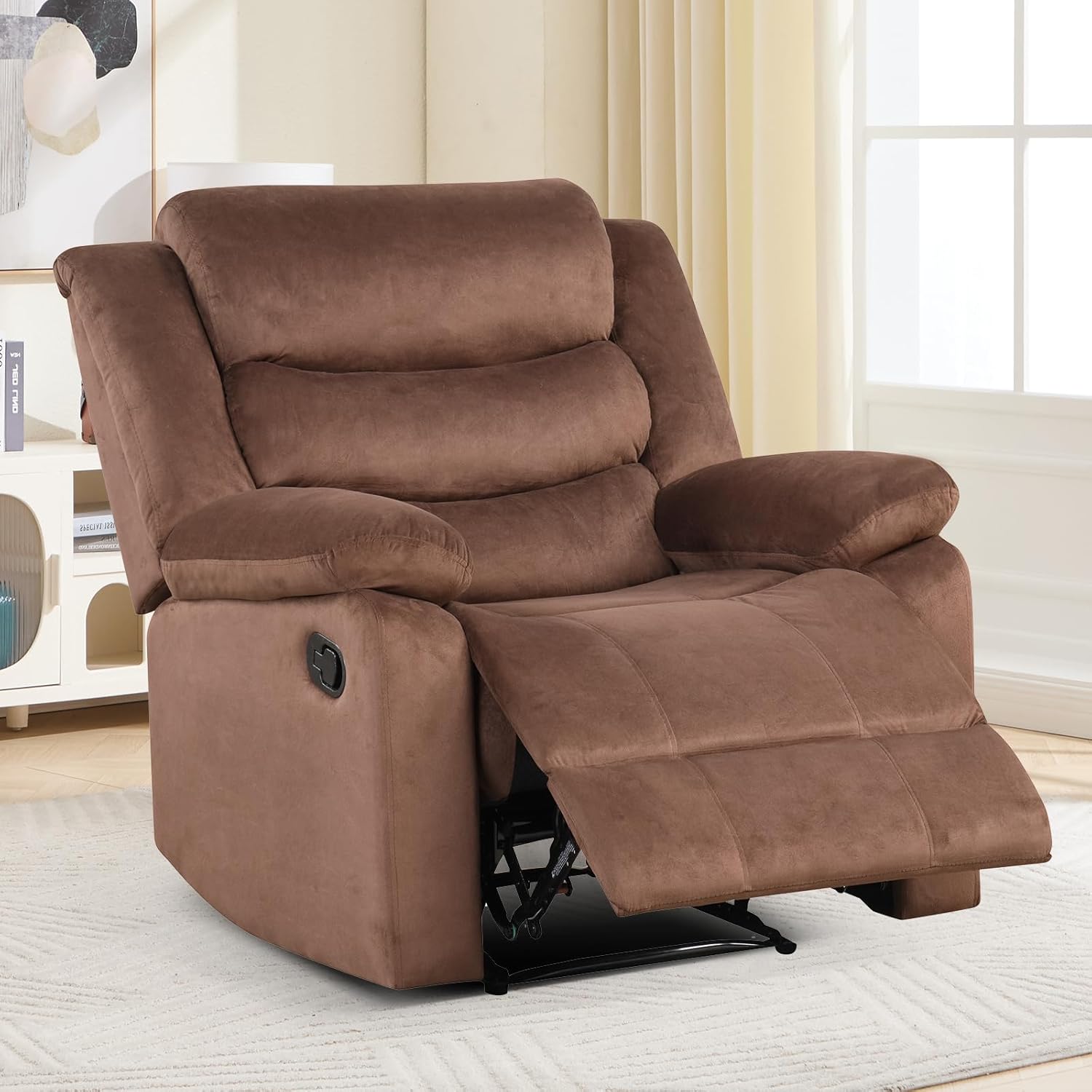 CANMOV Manual Recliner Chair for Adults, Upholstered Fabric Sofa Chair with Overstuffed Arms and Back, Manual Single Sofa for Living Room & Bedroom, Brown