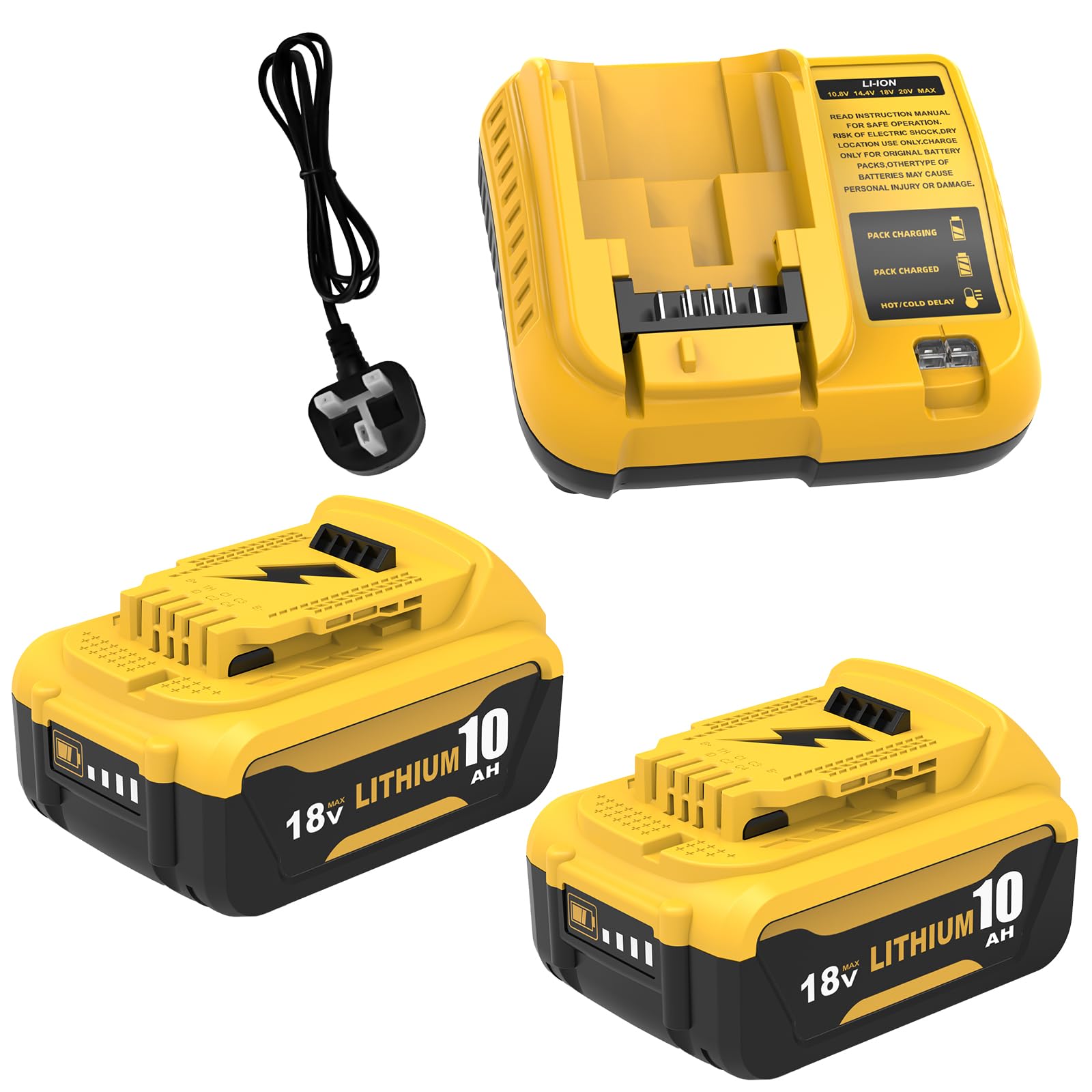 2X 18V 10000mAh Li-ion Replacement for Dewalt 18V Battery + 3A Charger for Dewalt Compatible for DCB184 DCB182 DCB200 DCB201 DCB203 with LED Indicator for Cordless Power Tools
