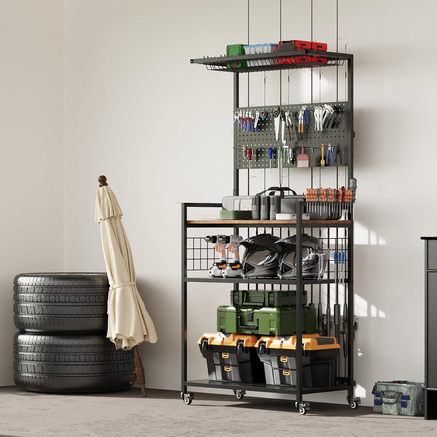 65.5IN Large Fishing Rod Holders for Garage w/Pegboard and Lockable Wheels, 4-Tier Fishing Rod Storage Rack with 12 Hooks, Reel Rack, Fishing Pole Holder for 12 Rods, Fishing Gear Stands