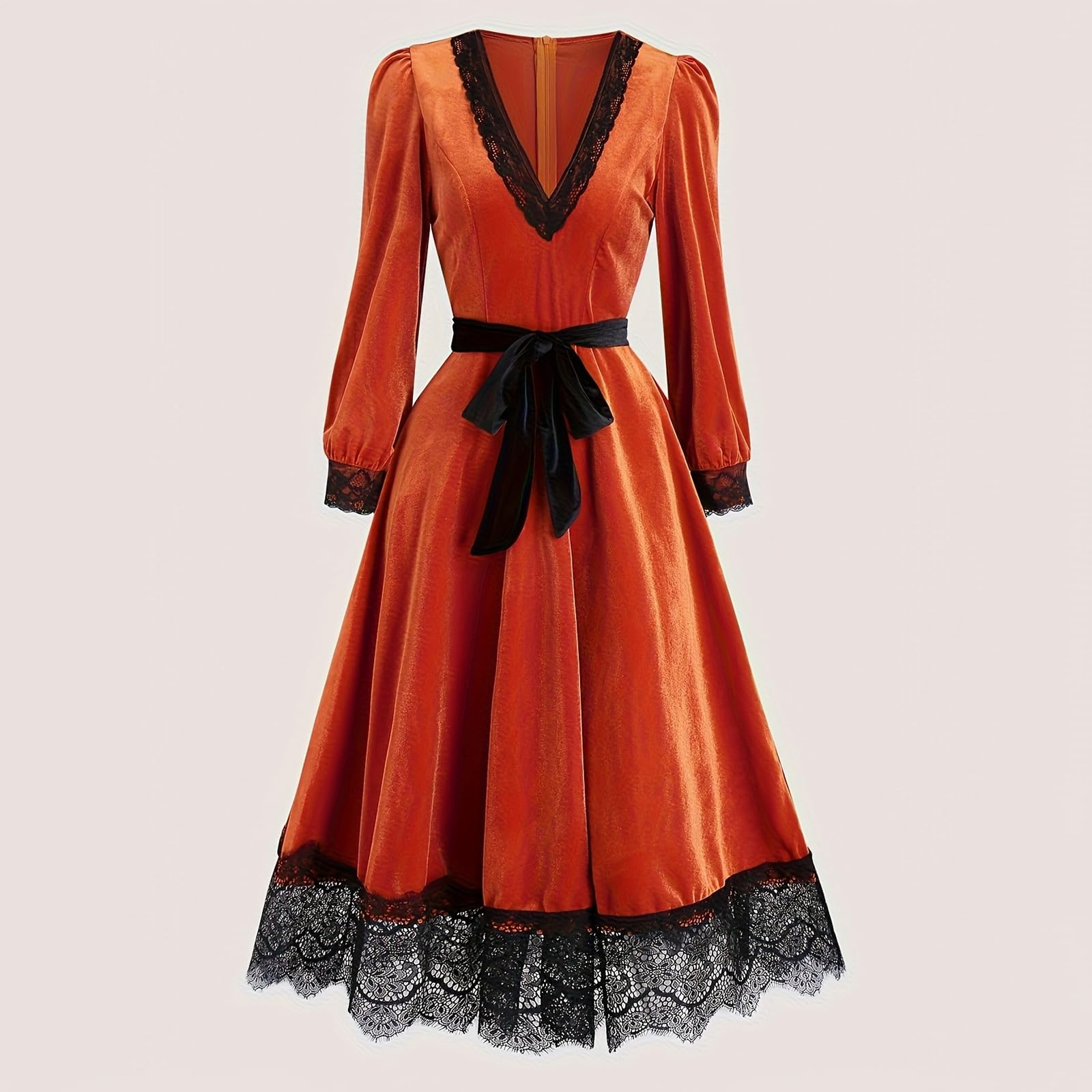 Generisch Robe d'Halloween en velours pour femme avec col en V et ourlet en dentelle