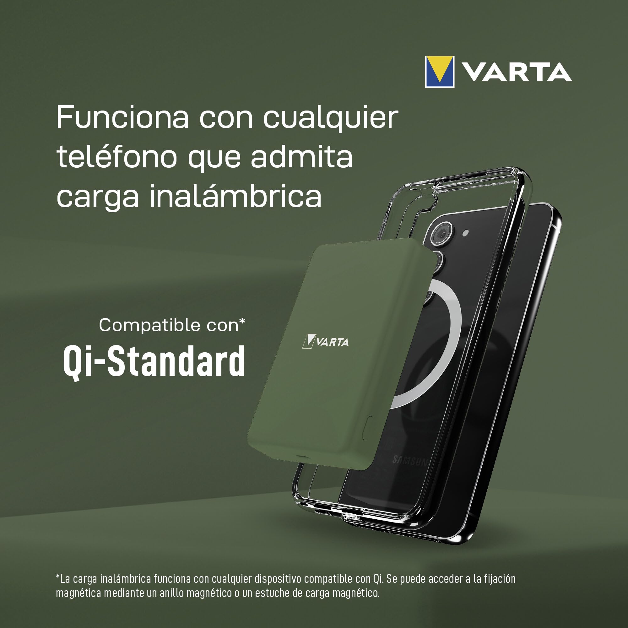 VARTA Batería Externa 5.000mAh, Power Bank inalámbrico magnético, Mag Pro Power on Demand, wireless, 7,5W, cargador con USB Tipo C, compatible con MagSafe y Qi Standard (iPhones y Android), verde | Power on Demand, carga inalámbrica MagSafe y Qi, cargador