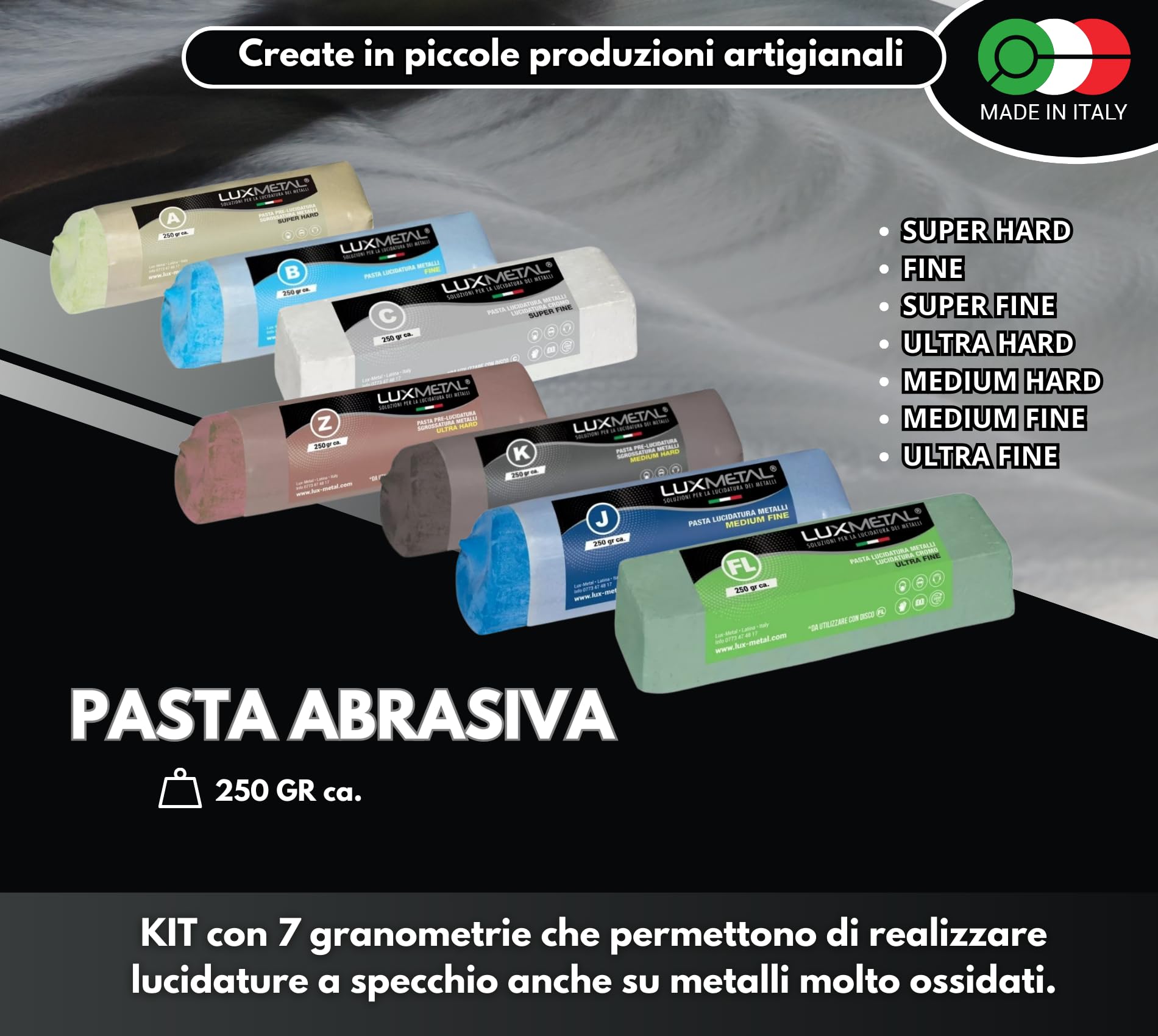 Lux Metal - Kit 7 Disco Lucidante 150 mm e 7 Pasta Abrasiva Lucidante 250 gr - Per Alluminio, Ferro, Acciaio Inox, Bronzo, Marmo - Ruota Lucidatura Metalli Trapano Mola Smerigliatrice Feltro Cotone