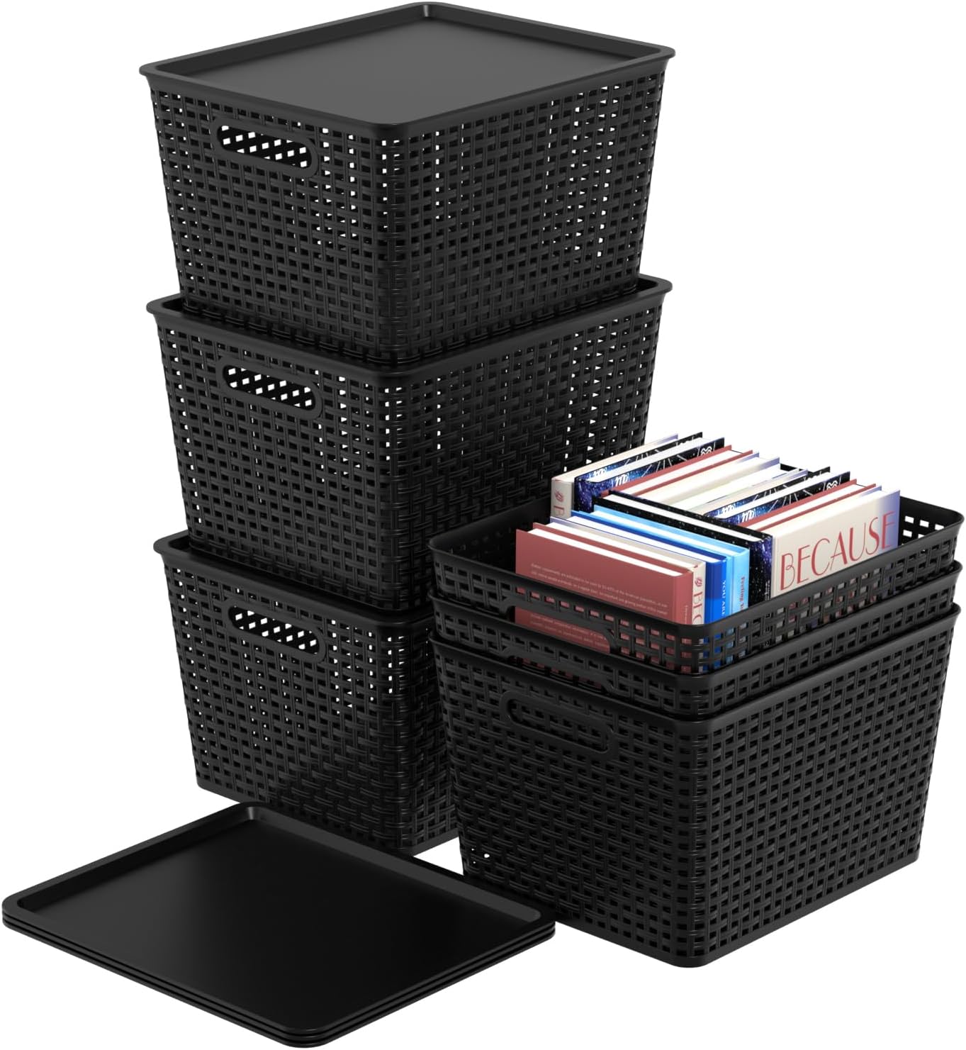 Ramddy Large Plastic Basket with Lid, Black Woven Storage Baskets, 6 Pack