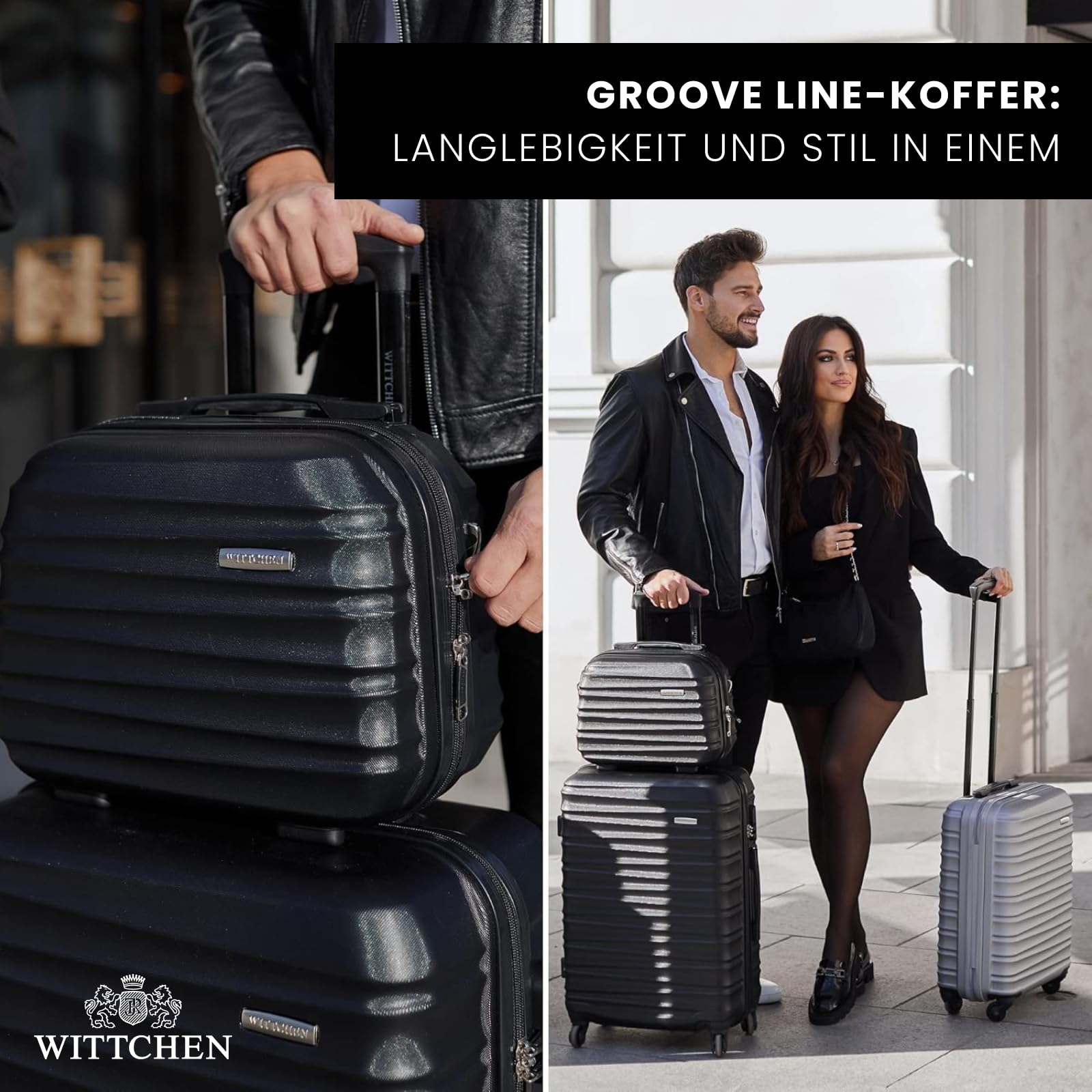 WITTCHEN Reisekoffer Hartschale ABS Große L Check-In Gepäck 4 Spinner-Rollen Zahlenschloss Groove Line Schwarz