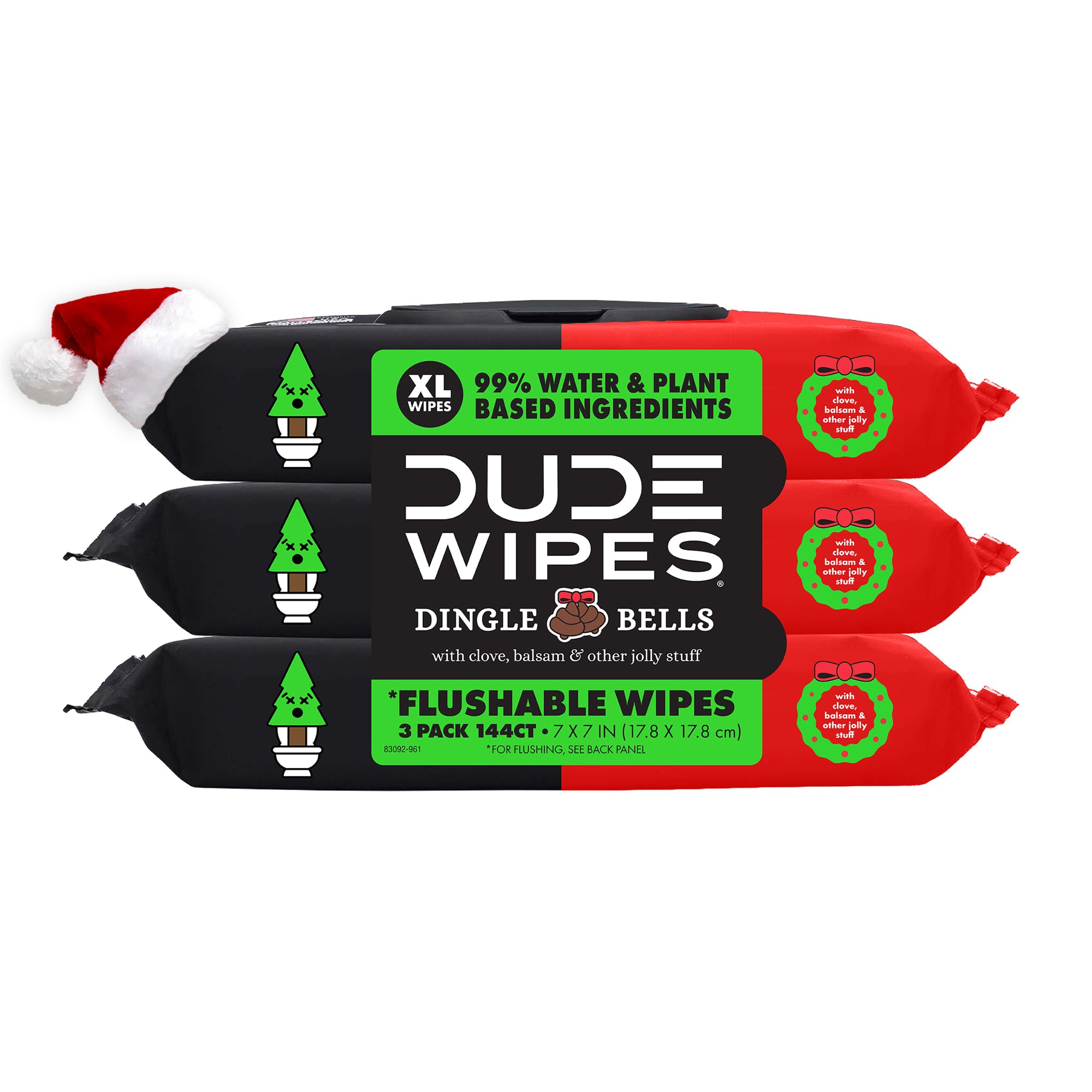 Flushable Wipes Stocking Stuffers - 3 Pack, 144 Count - Dingle Bells Extra Large with Crisp Pine, Balsam, and Other Jolly Scents