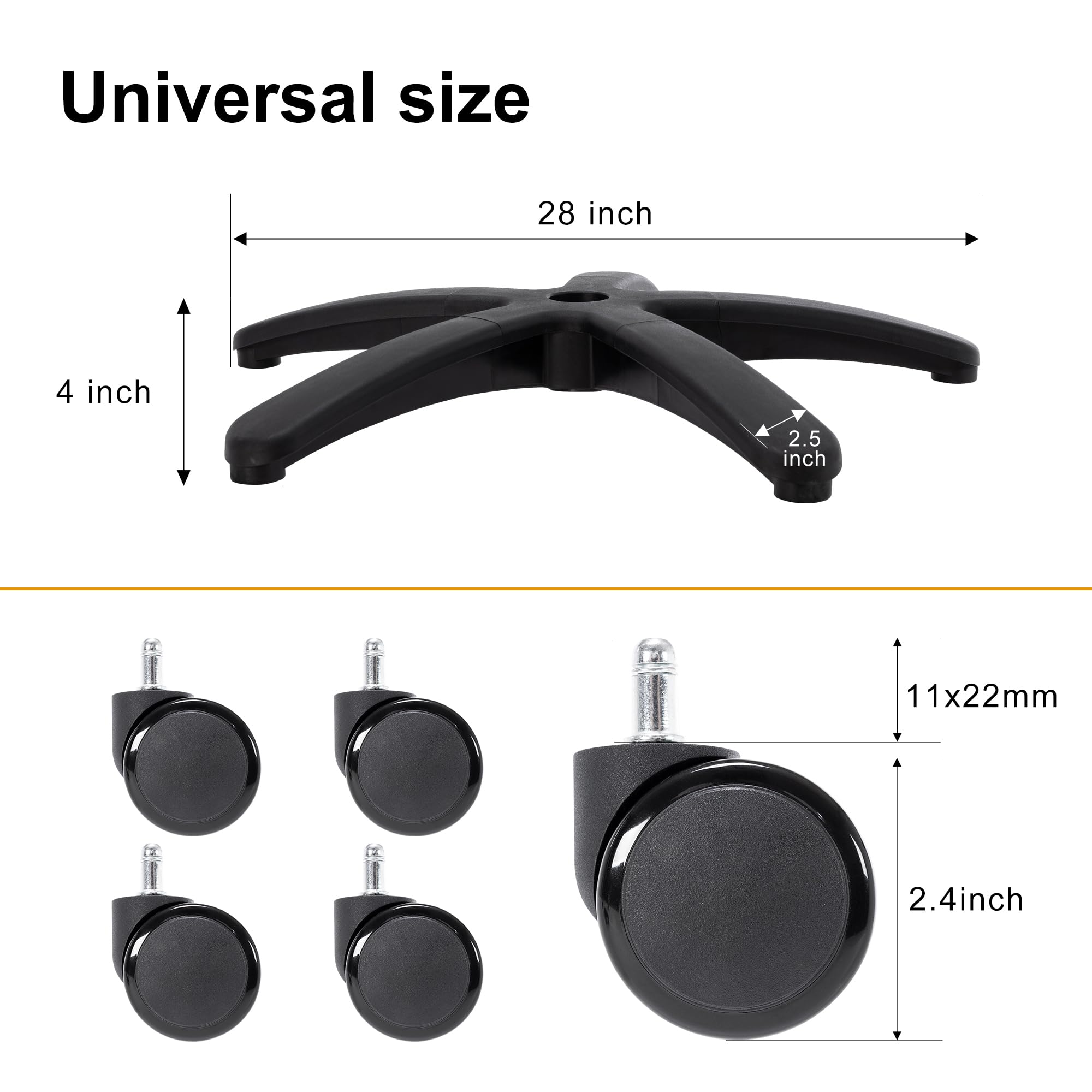Frassie Base di ricambio per sedia da ufficio in nylon con 5 rotelle, 71 cm, resistente, colore: nero