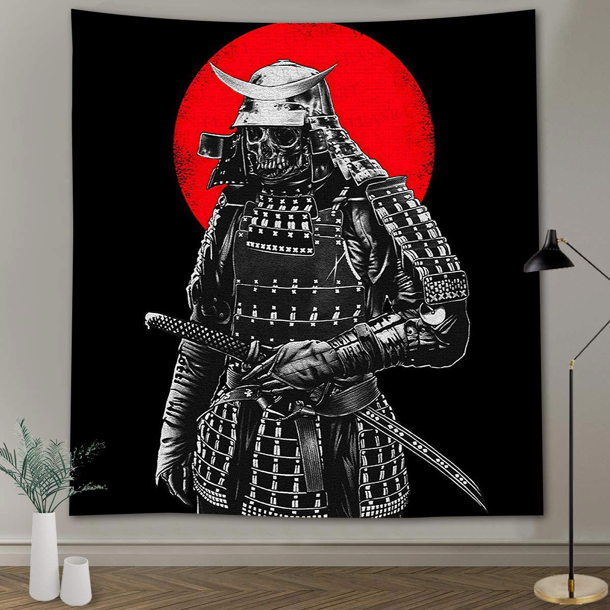 FEASRT Gothic Skull Tapestry Asian Japan Samurai Tapestry Ancient Weathered Japanese Samurai Body Backgrounds Wall Tapestries 84x90inch Oversized Bushido Devil Warrior Decor for Dorm GTZYAY463
