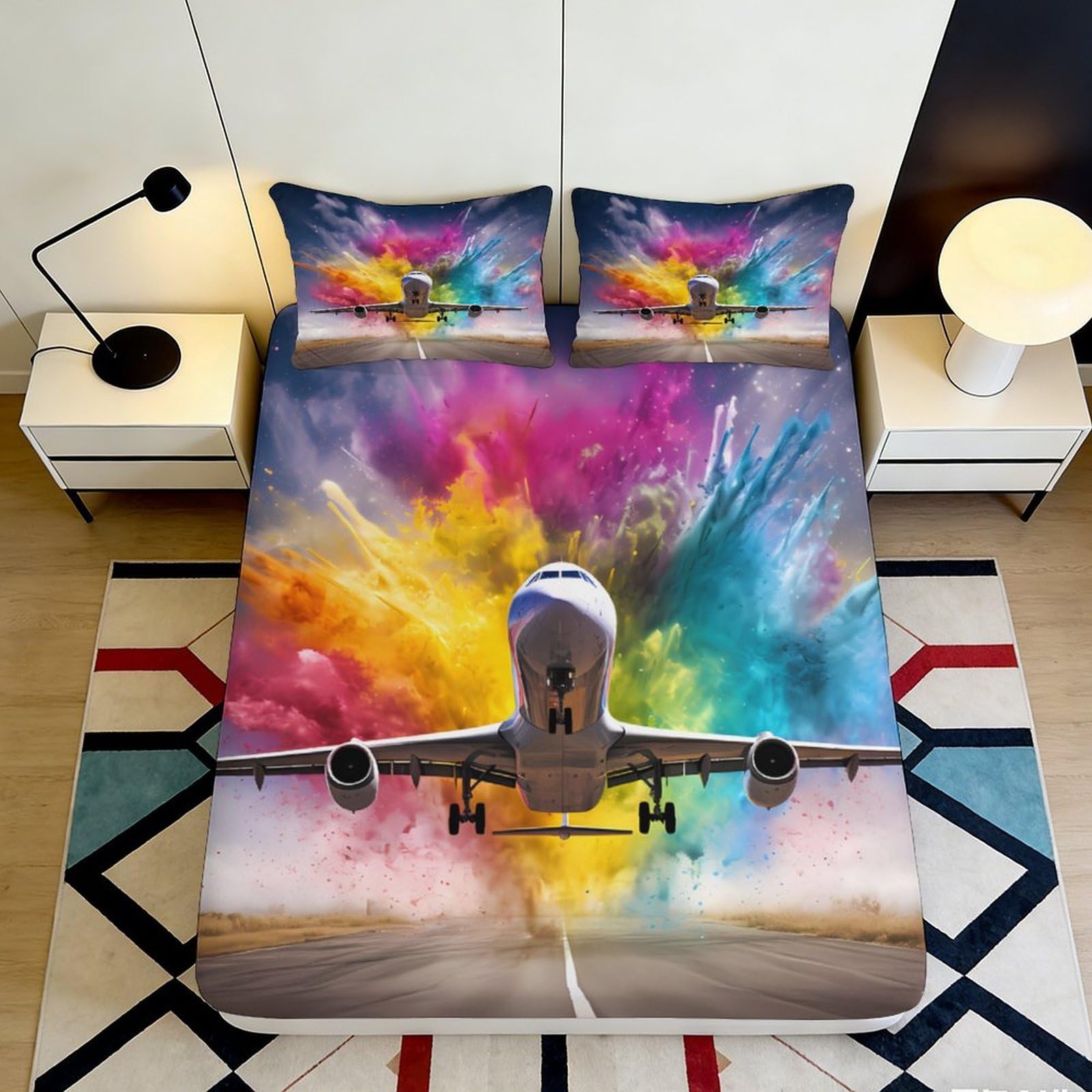 3D Printed Colorful Airplane Fitted Sheet Microfiber Soft Breathable Runway Mattress Cover for Bedroom Dorm Decor 180x200x25cm