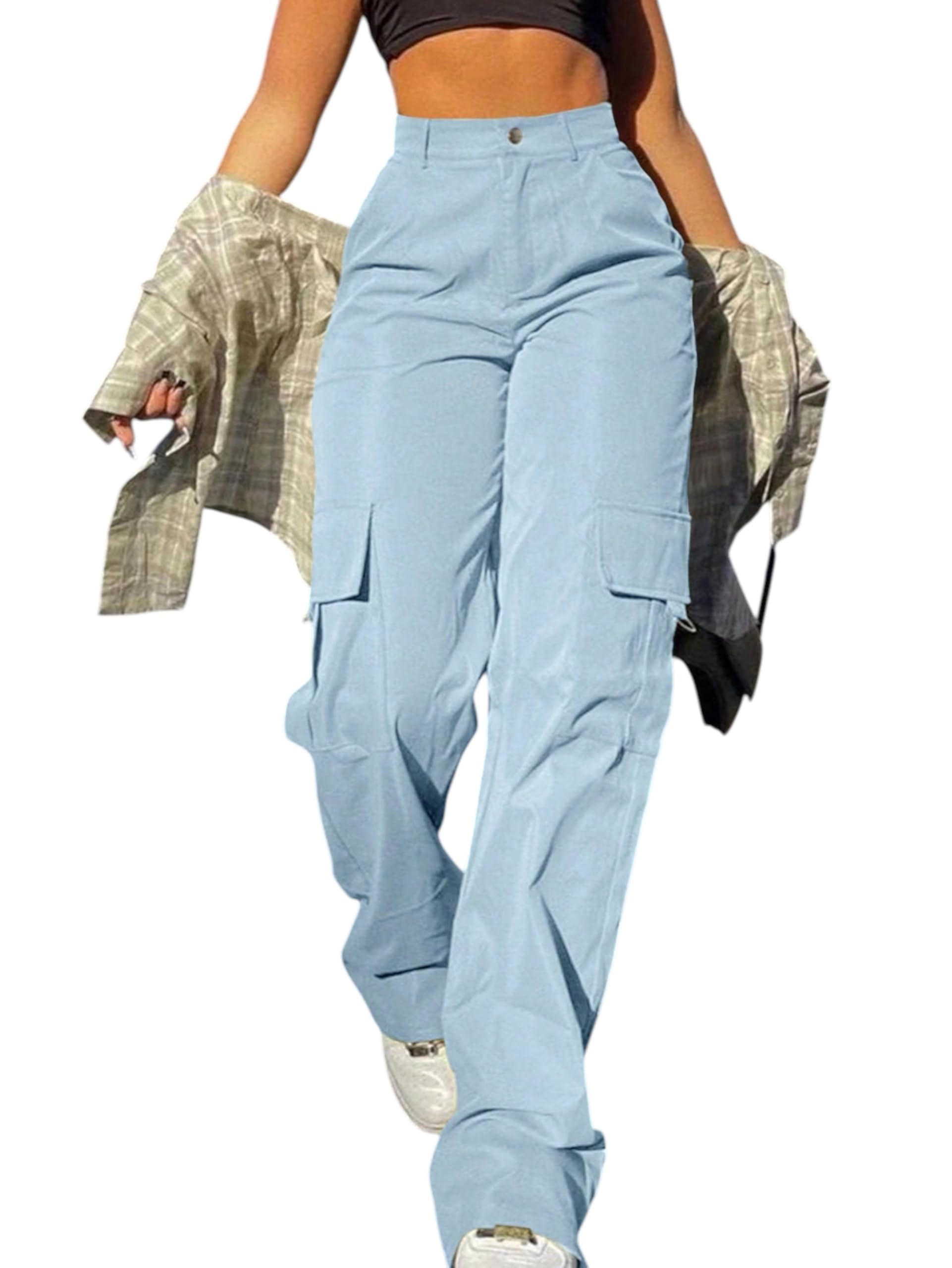 Womens Black Cargo Pants High Waisted Work Pants Casual Baggy Trousers Streetwear Y2K Wide Leg Cargo Jeans with