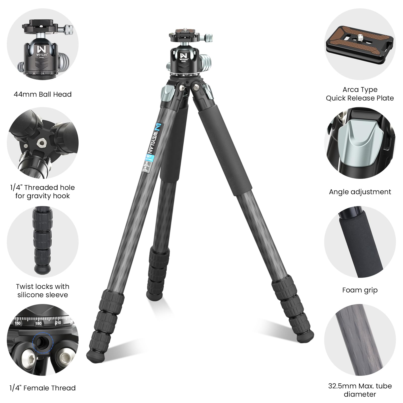 Treppiede in fibra di carbonio da 203,5 cm per fotocamera WEYLLAN resistente, tubo in fibra di carbonio a 10 strati, gamba professionale da 32,5 mm con testa a sfera per treppiede DSLR per obiettivo