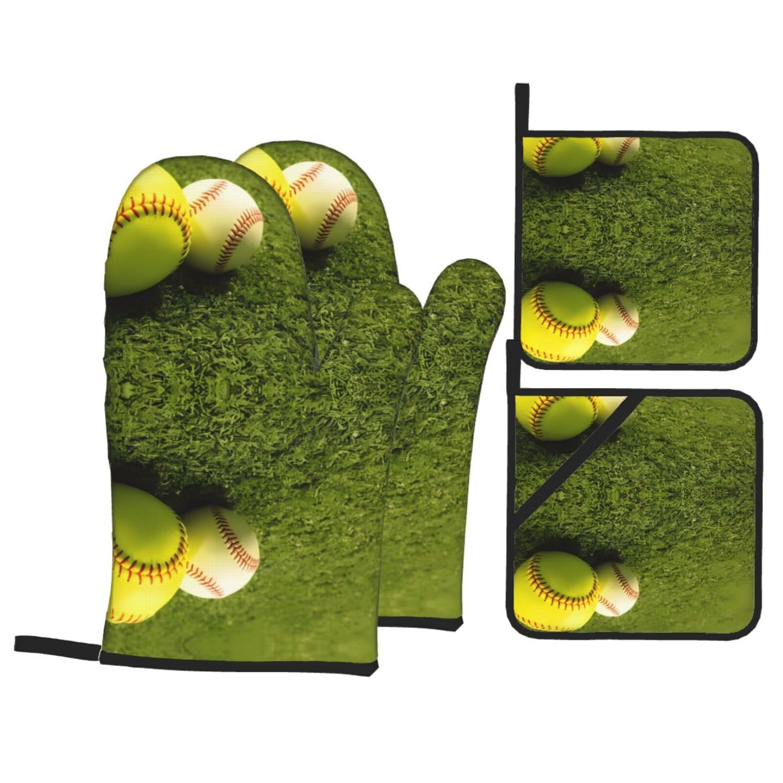 HJFCZH Grass Baseball Softball Prints Kitchen Throw Set: Durable Oven Layers with Waterproof Polyester – 4 Piece Heat Protection System