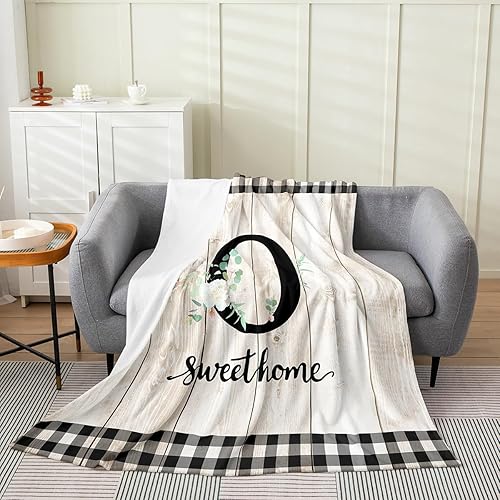 Miniatura 17 de Erosebridal Flower Initial S Flannel Blanket White Floral Flowers Fleece Blanket,40"X50",Personalized Letters Fuzzy Plush Throw for Sofa Beige Negro