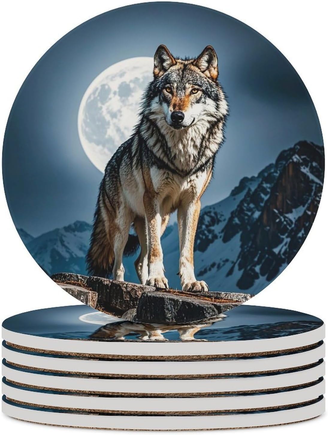 6PCS Timberwolves Coasters Non-Slip Round Drink Coasters with Ceramic Stone and Cork Base, Heat Resistant Absorbent 33.00Stone Coaster Set for Kinds of Mugs and Cups, 4 Inch