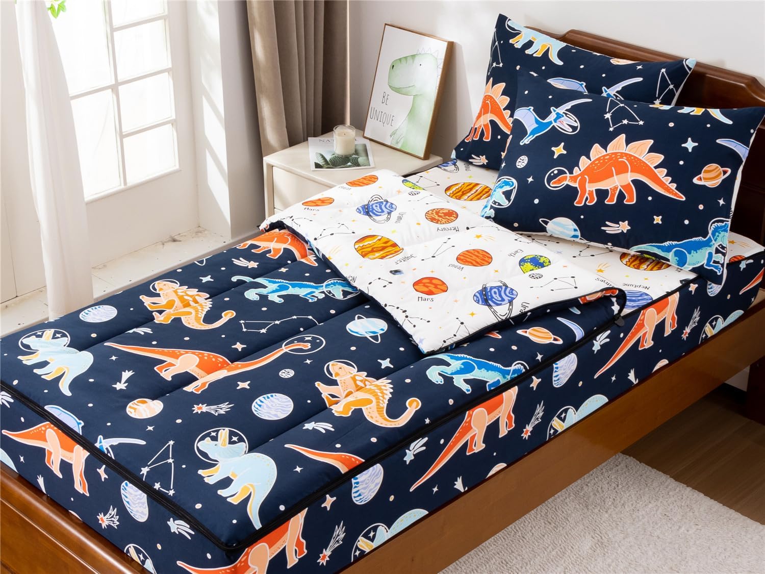 NTBED Space Dinosaur Zipper Bedding Sets Twin for Kids Boys Lightweight Glow in Dark Comforter Set with Fitted Sheet Pillow Covers,Navy - Image 2