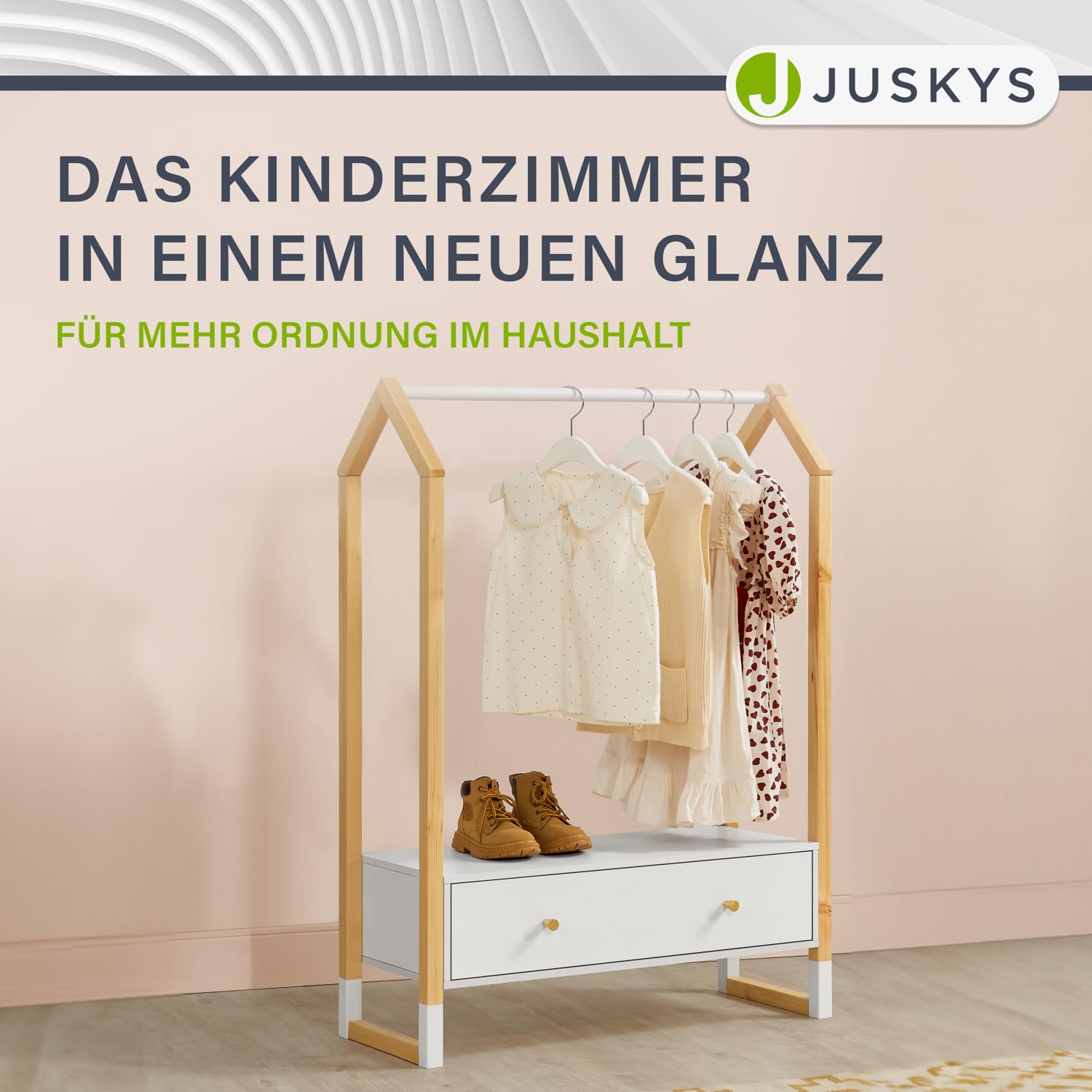 Juskys Kinder Kleiderständer Filla - große Schublade, Kleiderstange, offener Ständer - Kindergarderobe aus Holz - Mädchen & Jungs - Garderobe Weiß