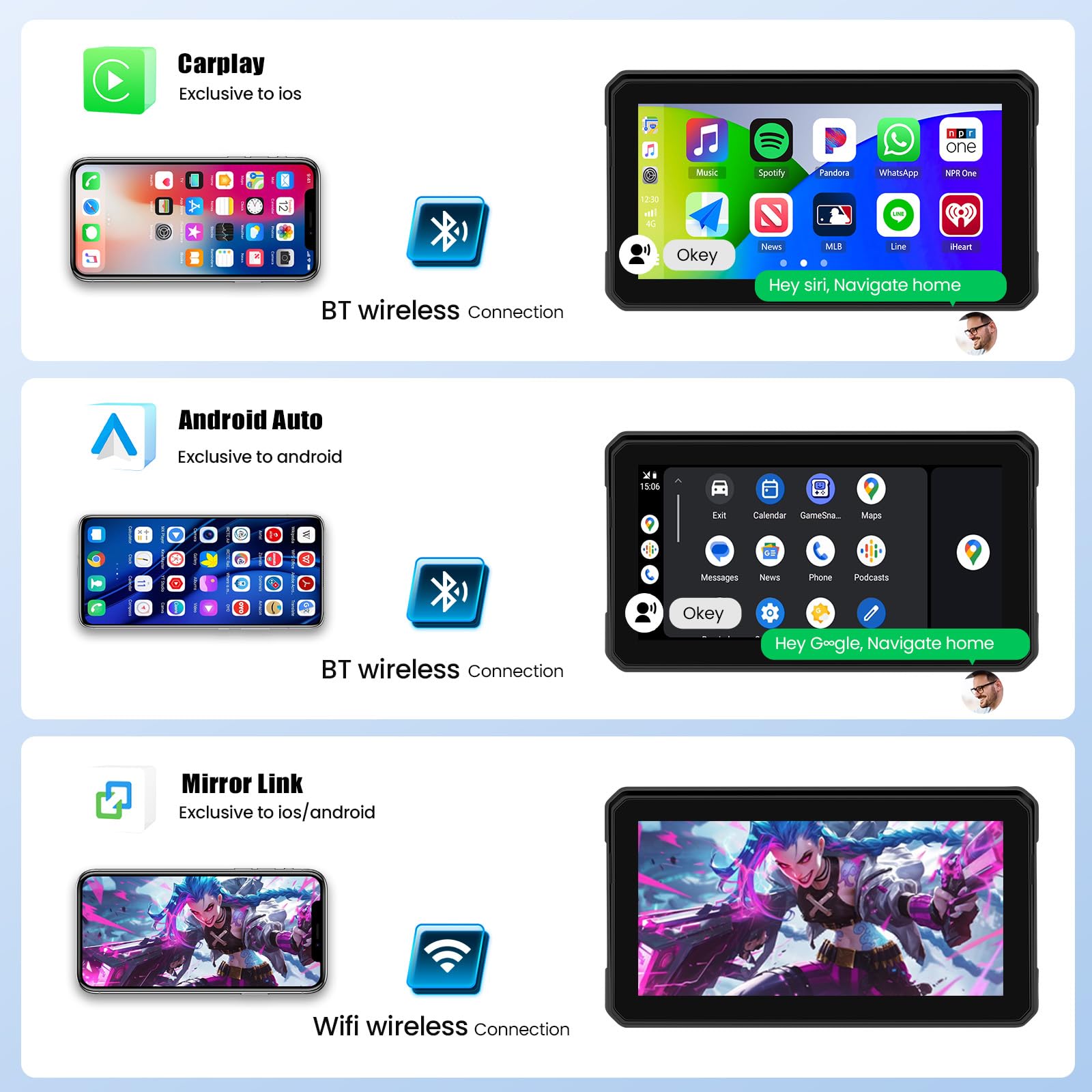 GPS CarPlay Écran pour Moto avec TPMS Système, CarPlay sans Fil Android Auto, Appareil de Navigation pour Moto étanche IP68 6 Pouces avec Bluetooth Mirror Link Siri EQ