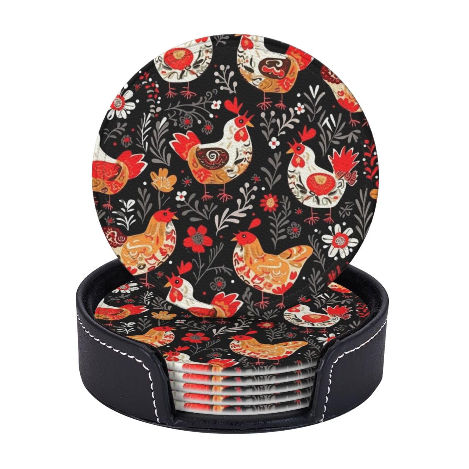 Cute Rooster Chickens Set of 6 Drink Coasters with Holder Leather Coasters Tabletop Protection Cup Mat for Bar Decorate Cup pad for Coffee Table Kitchen Dining Room