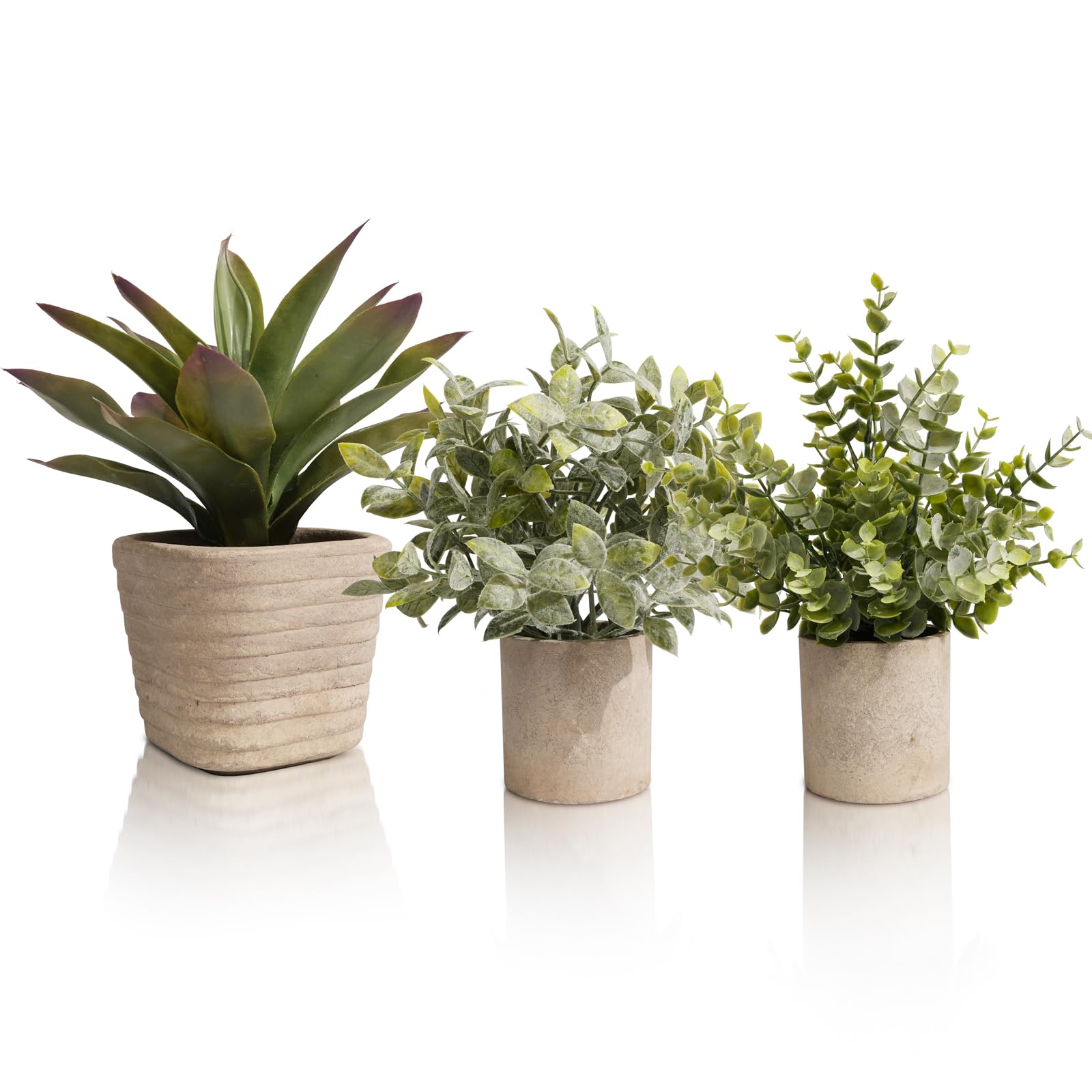 YVONNEYI 3 piante artificiali, decorazione per piante artificiali, finte di eucalipto, piante di aloe, per fattoria, ufficio, cucina, bagno, stanza, decorazione greenery con vasetto